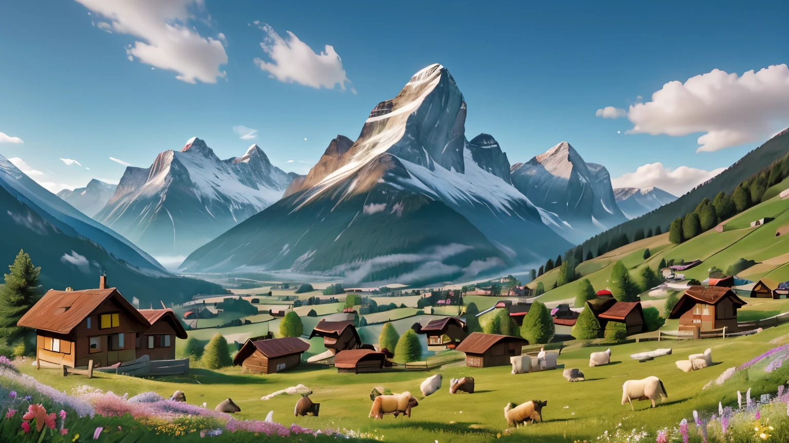 A breathtaking photo of the Swiss Alps, with a  in traditional clothing surrounded by goats and wildflowers in the foreground, captured in HDR for maximum detail and vibrancy. The scene evokes nostalgia and a sense of adventure, reminiscent of the beloved movie "Heidi"