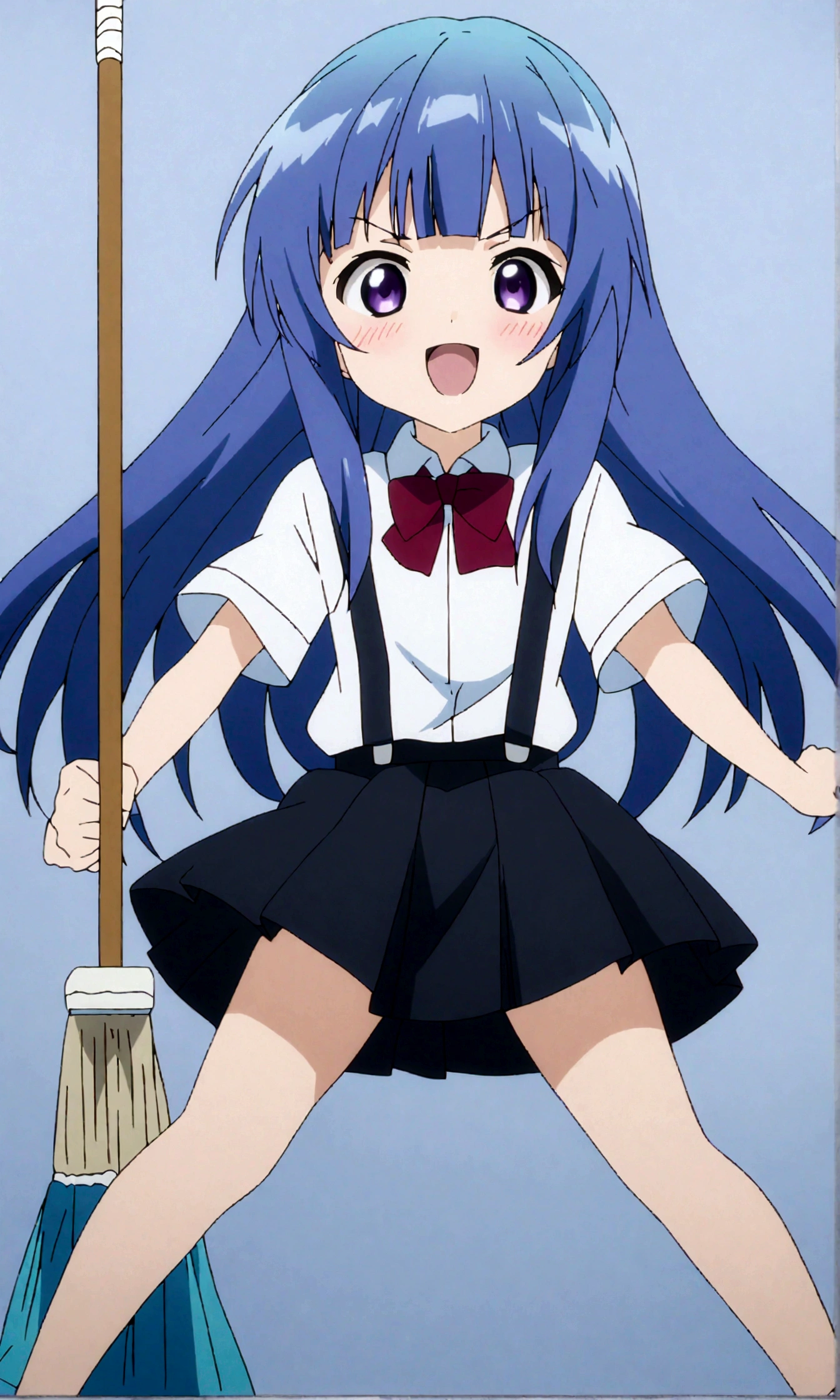 score_9,score_8, score_8_up, BREAK 1girl, solo, furude rika, (tween), kawaii, blue hair, purple eyes, long hair, blunt bangs, bangs,straight-on,from front, bow, skirt, shirt, suspenders, smile, short sleeves, pleated skirt, white shirt, open mouth, :d, red bow, facing viewer,^_^, suspender skirt, , black skirt, collared shirt, blush, bowtie, blunt bangs, dress shirt,masterpiece, best quality, source_anime,anime screencap,anime coloring,standing,fullbody,spread leg,stance,holding mop,simple background, white background.