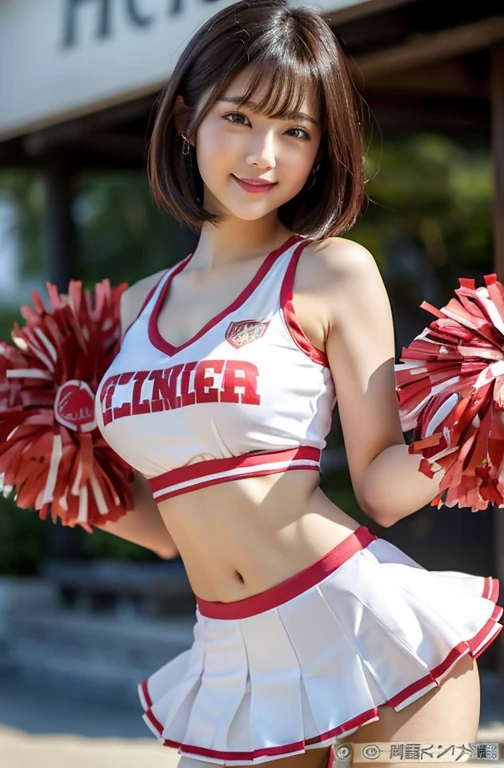 (Best quality: 1.5), (Real: 1.5), (1 person: 1.5), (masterpiece), (Skinny body:1.5), full body, (Highly detailed), (High resolution), 8k, (slightly saggy and medium breasts), Natural colored lips, Japanese woman, 24 old girl, thin eyebrows, beautiful and elegant face, cute face, arched thin eyebrows, (big eyes with a good balance between the left and right sides), cute eyes, beautiful eyes, beautiful thin nose, beautiful face line, fair skin, beautiful and graceful features, natural bangs, beautiful and thin nose, beautiful skin , medium bob hair, bob hair, natural bangs, perfect and beautiful facial features, slim face and figure, (bright lighting), (professional lighting:1.5), (frontal lighting), beautiful cleavage, 1 girl, cute and sexy 24 old woman, slim Japanese woman, fair skin, (cute smile), Beautiful breasts, Large window room , Beautiful hip line, (slim hips:1.2), beautiful slim thighs, sexy pose, (Japanese idol:1.5), Beautiful detailed skin, (Cheerleader outfits that expose cleavage), (Cheerleader outfits that expose under bust), (Tight cheerleader outfits), (Cheer girls),