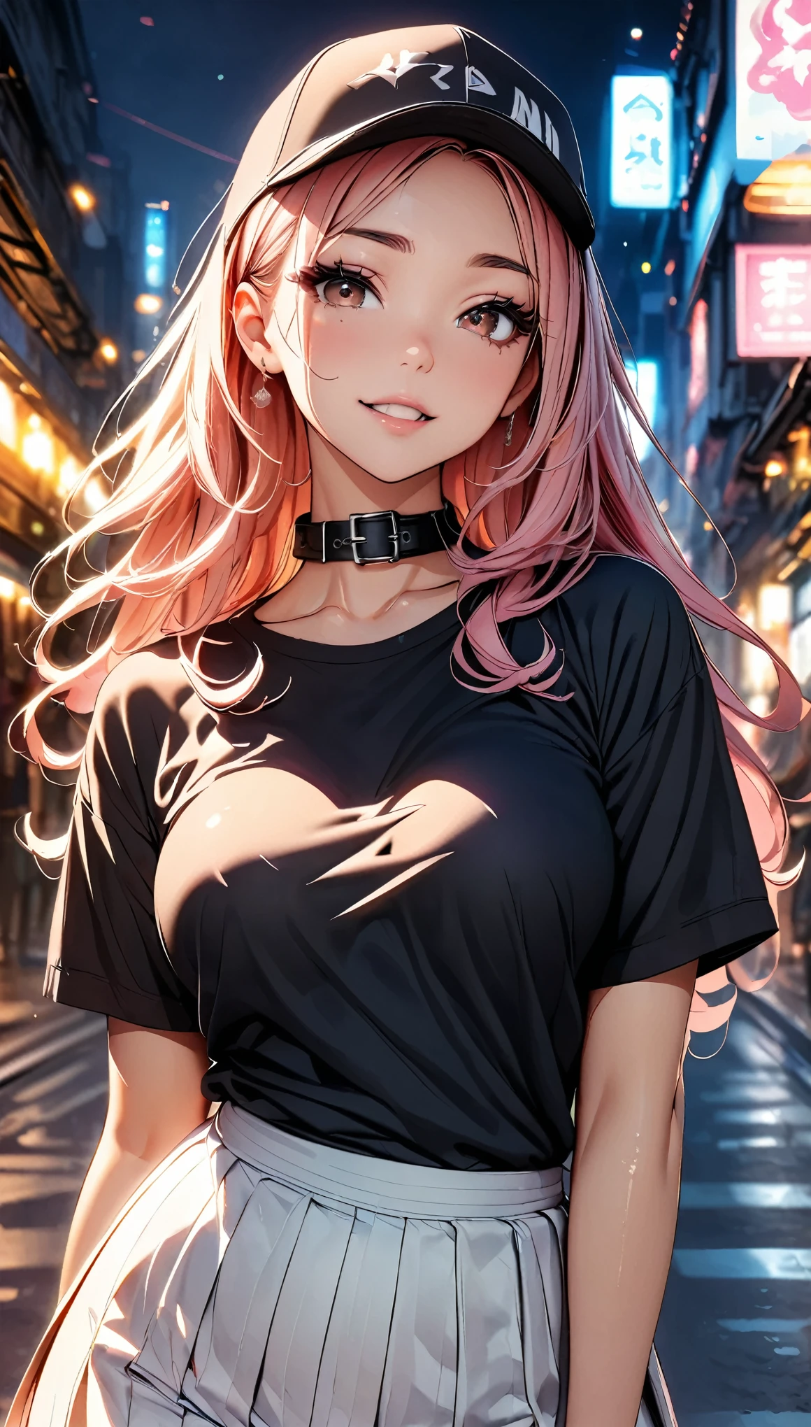 (highest quality, 8k, 4K, High resolution, masterpiece:1.2), Very detailed, Beautiful illustrations, Bright colors, Lens flare, Natural light, one person, woman, Beautiful facial details, Beautiful Eyes, Long eyelashes, Soft lips, (Small face), (Light red hair, Long Hair, Brown eyes), Perfect Face, Shiny skin, (Beautiful breasts), Laughing with your mouth open:1.2, (Black shirt with collar:1.2, Baseball Cap), (Gazing at the viewer, Cowboy Shot), bustling street, City lights, Light and shadow with attention to detail, Background blur.