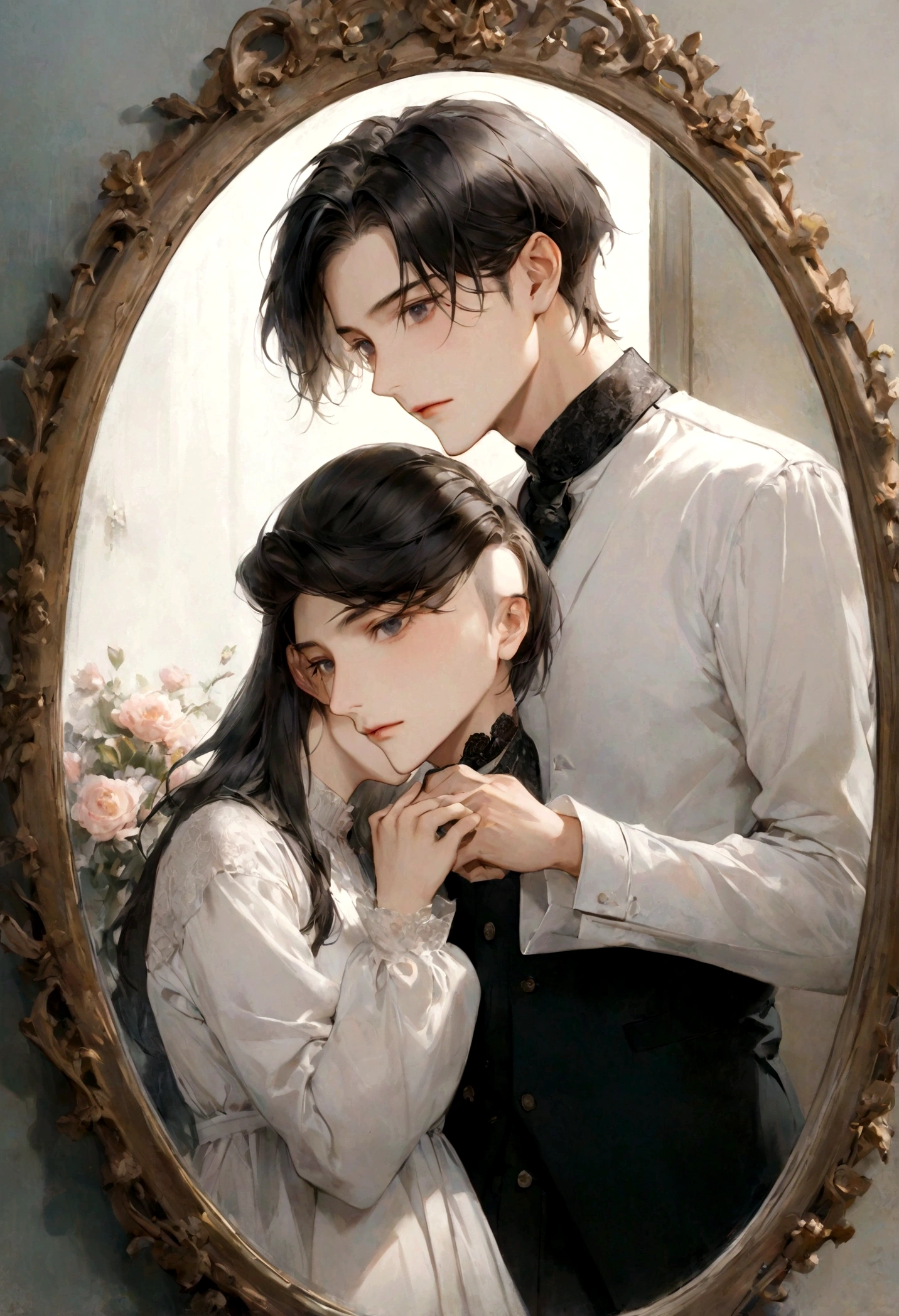 They are looking at each other in the mirror、Two models in a frame、Looking at each other innocently、Beauty Campaign、photo shoot、handsome face and beautiful face、スキンケアブランドのphoto shoot、looking at mirror、In romantic style、Modeling Photos、looking at mirror、looking at mirror、Editorial Photography、looking at mirror、Couple pose