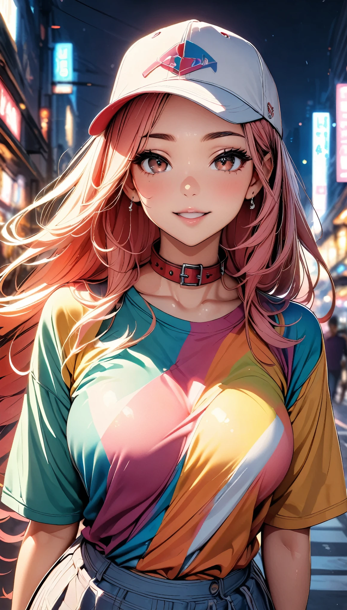 (highest quality, 8k, 4K, High resolution, masterpiece:1.2), Very detailed, Beautiful illustrations, Bright colors, Lens flare, Natural light, one person, woman, Beautiful facial details, Beautiful Eyes, Long eyelashes, Soft lips, (Small face), (Light red hair, Long Hair, Brown eyes), Perfect Face, Shiny skin, (Beautiful breasts), Laughing with your mouth open:1.2, (Colorful shirt with collar:1.2, Baseball Cap), (Gazing at the viewer, Cowboy Shot), bustling street, City lights, Light and shadow with attention to detail, Background blur.