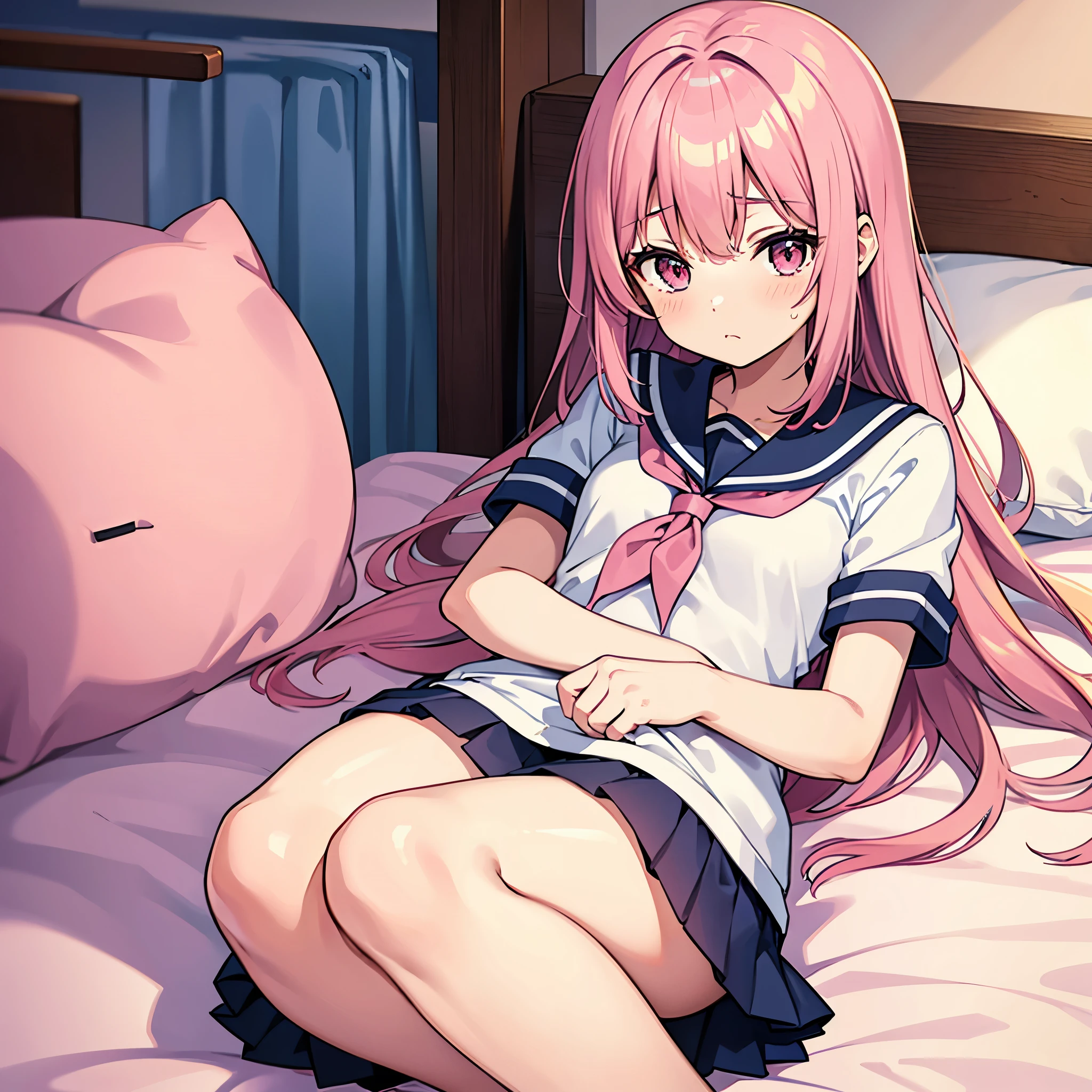 A pink-haired high school girl in a sailor uniform who is feeling unwell is lying alone on a bed in the nurse&#39;s office.