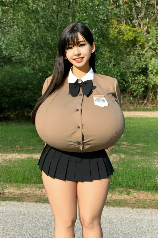 Super huge breasts, Gyaru, ditail lips, pink lips, long hair, cleavage of breasts, smile, beautiful asian girl, short skirt, gal, shining skin, brown hair, dark skin, tanned skin, brown skin, gigantic breasts, JK , hi-school girl, school student uniform, muscular, muscular legs, long legs, shining legs, chest bulge, 1 girl