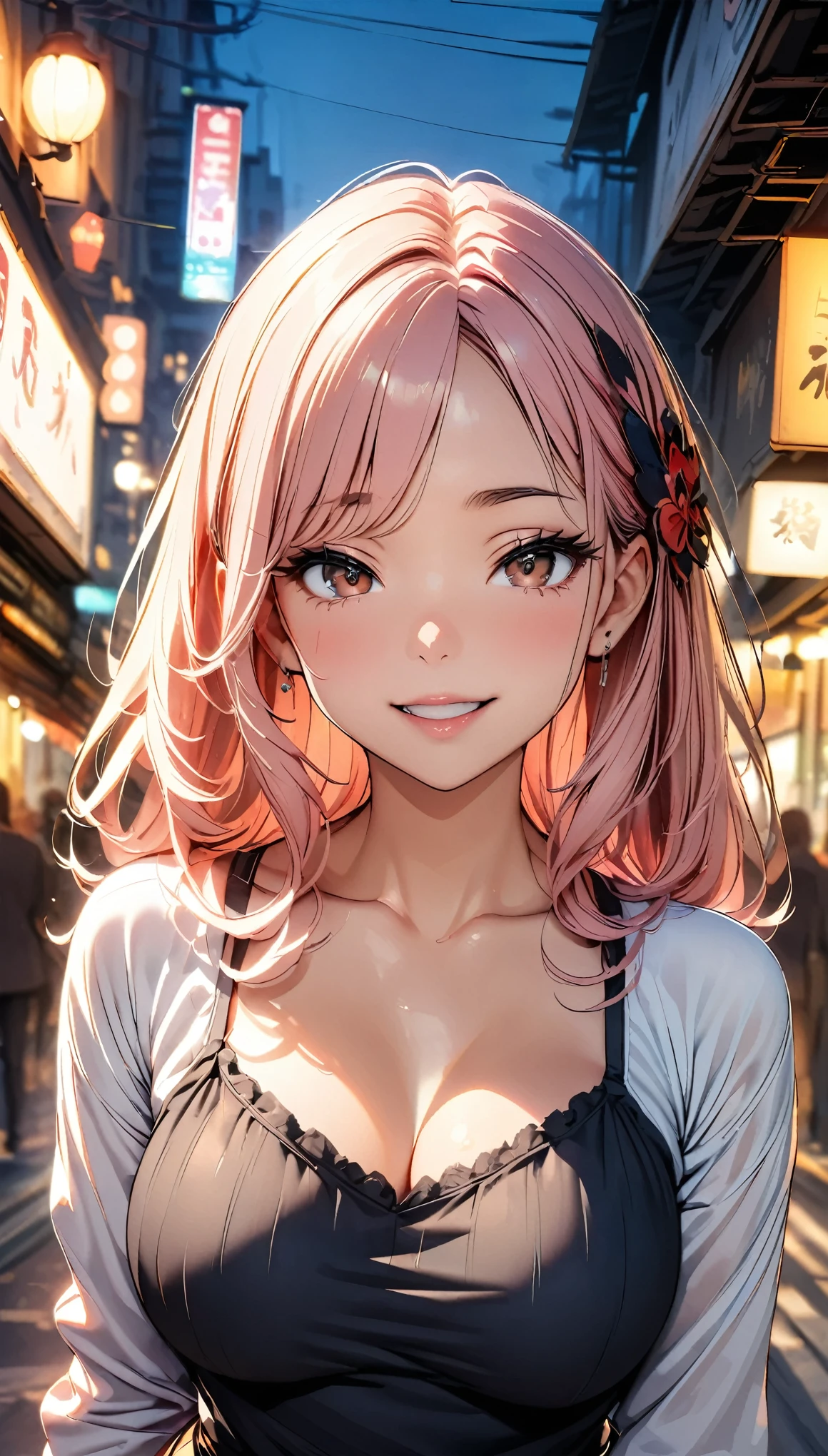 (highest quality, 8k, 4K, High resolution, masterpiece:1.2), Very detailed, Beautiful illustrations, Bright colors, Lens flare, Natural light, one person, woman, Beautiful facial details, Beautiful Eyes, Long eyelashes, Soft lips, (Small face), (Light red hair, Long Hair, Brown eyes), Perfect Face, Shiny skin, (Beautiful breasts), Laughing with your mouth open:1.2, (White shirt and black camisole:1.2, hair accessory), (Gazing at the viewer, Cowboy Shot), bustling street, City lights, Light and shadow with attention to detail, Background blur.