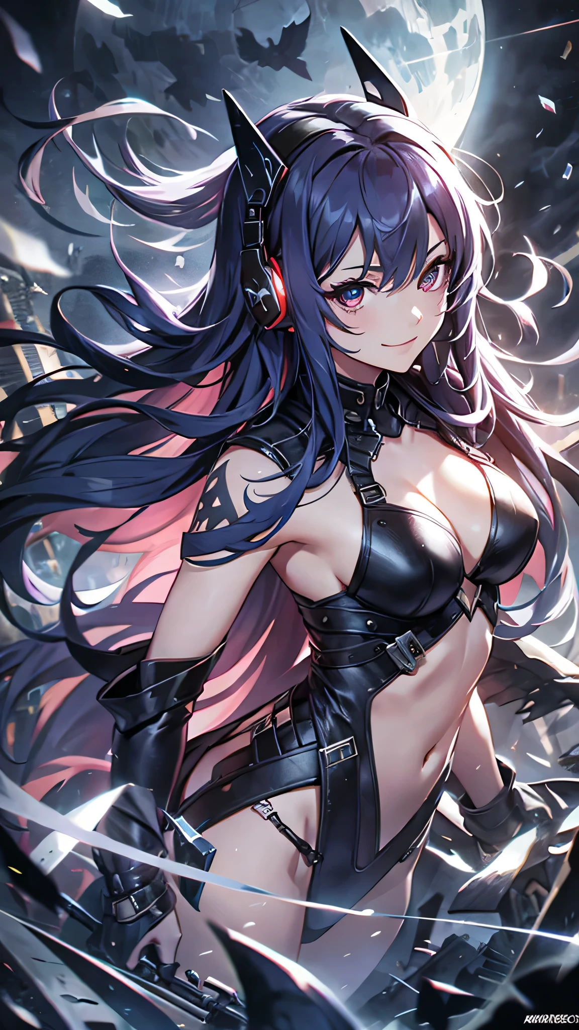 Highest quality、Highest quality、Masterpiece、girl((half、18-year-old、as soon as、Highest 、、Wide open 、Red glowing eyes、Black Ear、Red Mesh、Disheveled Hair、Loincloth、thin、The best valley、Open 、hair ornaments、Full body view、pants、Sports 、Random Pause、smile、headphone))、high quality、Beautiful Art、background((Collapsing Ground、no gravity、Floating Object、City of night、shooting star))、flight、Flying Debris、Depth of text、movie、Visual Arts、Perfect Art、8K、Genuine、Special Angles