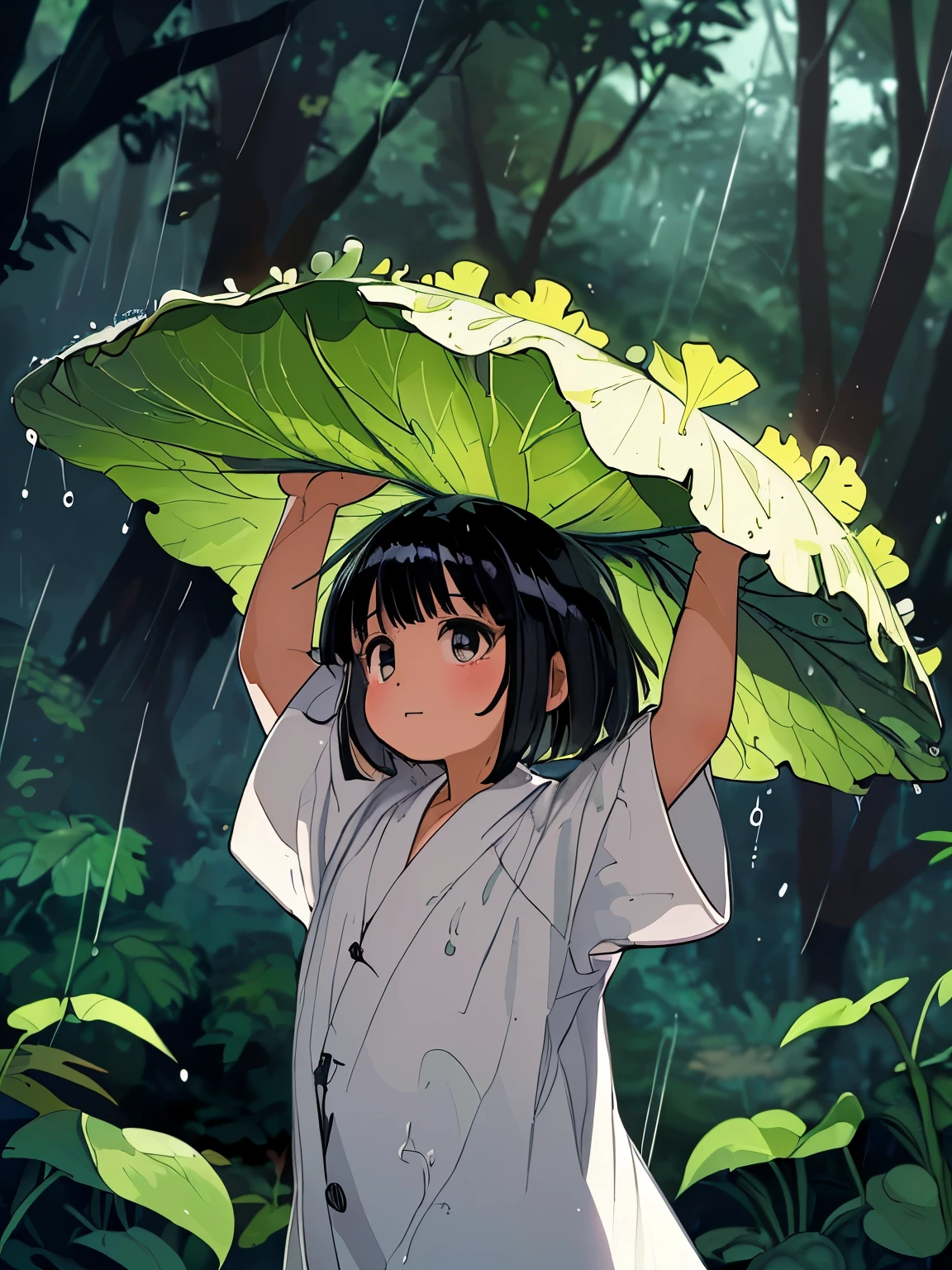 masterpiece, best quality, extremely detailed, anime, A  spirit girl, black hair, bob cut hair, short, wearing a white robe, Holding a large butterbur leaf over his head, rain, in the forest,