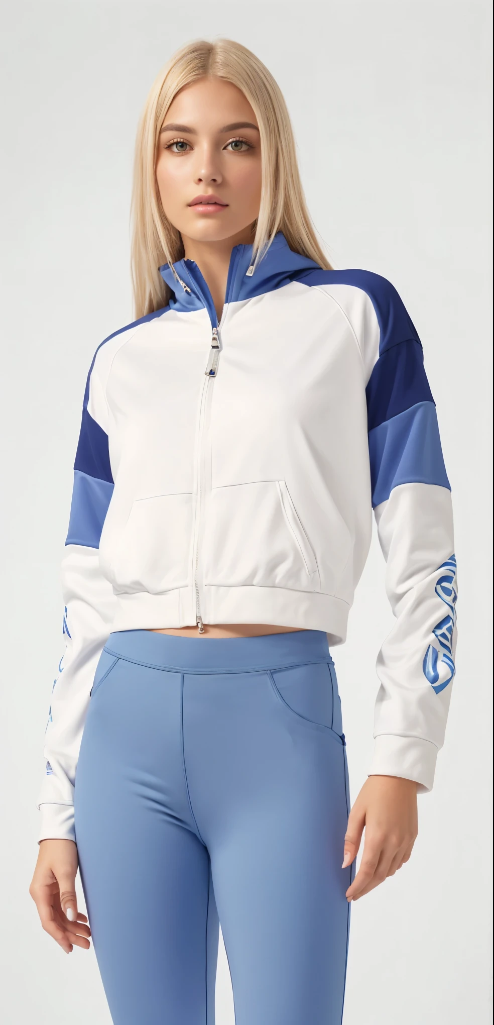 a woman in a white and blue jaqueta and blue legging pants, sports roupas, sport roupas, f / 2 0, fan favorite, suorer, item, manga larga cropped, Vivid details, suor, casual roupas, roupas esportivas fofas, jia, roupas, detailed roupas, julia sarda, Imagem detalhada, colorido, Marinha, completo - cor, bege, jaqueta