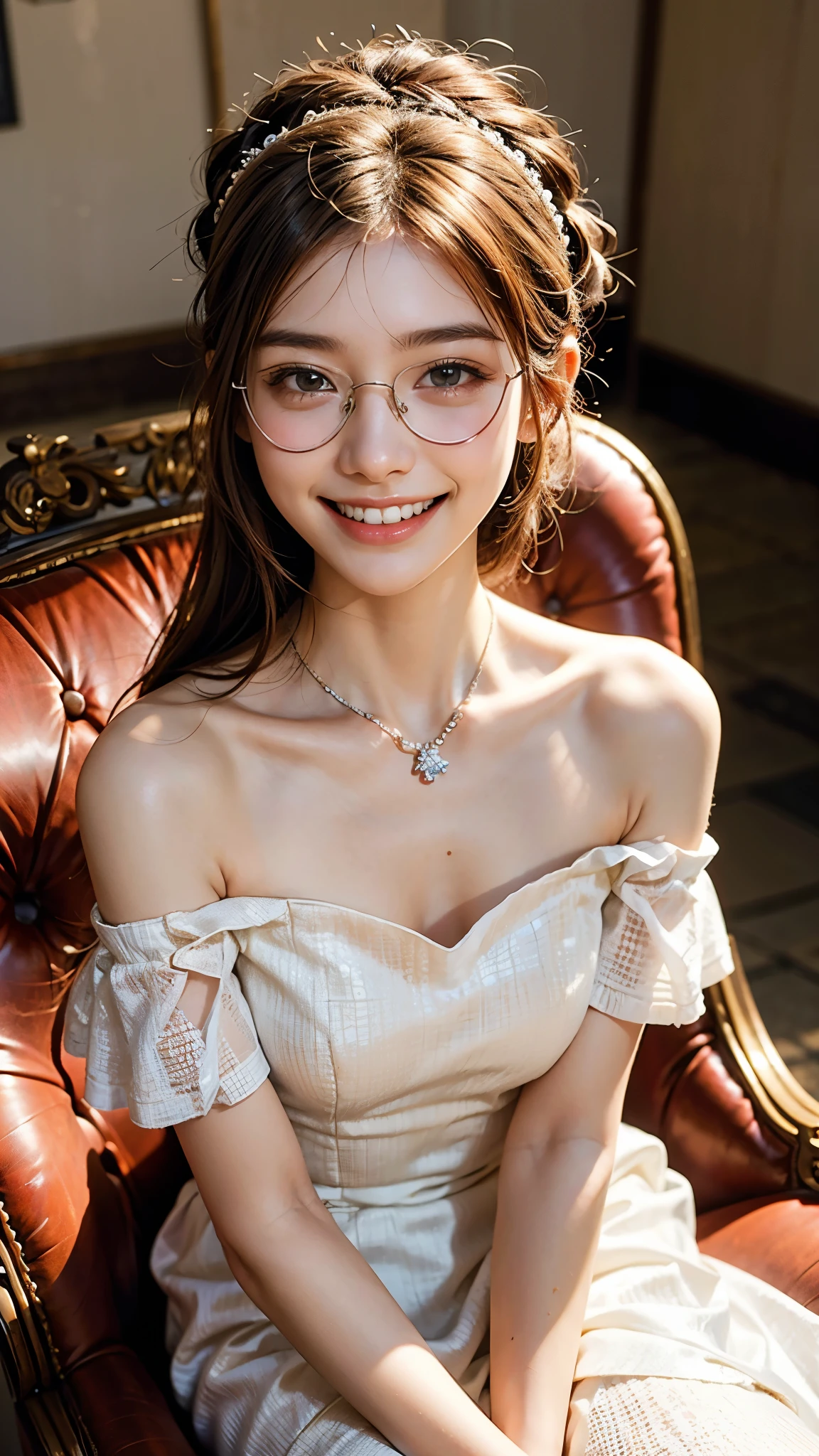 highest quality, masterpiece, Ultra-high resolution,8k, (Realistic:1.6), (Seated portrait) RAW Photos, 1 girl,((Headband,Glasses)),(Full of smiles, Showing teeth)), 22 years old,((Diamond jewellery)),((White off-the-shoulder dress)),((Mid-length chignon hair)),,((Looking up at the audience)),Face Focus:1.4,((Simple solid color background)), Image Media Chest)),((Smiling with teeth showing)),