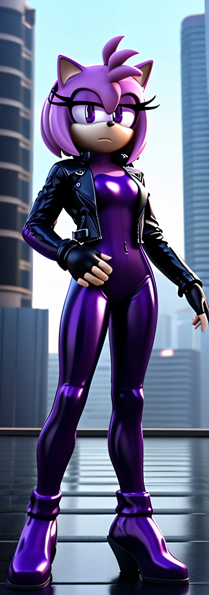 Solo, 1girl, full body image, rendered in SFM, ((sonic oc:1)), from sonic, high detail iconic character, in the new action-movie sonic, ghost in the shell city, official render, 3d render official art, toon shader, ((female)), (((purple hedgehog:1))), ((shiny)) (purple fur:1.0), (((Amy rose style quills))), (((metallic purple eyeliner))) ((deep purple eyes:1.5)), ((calm neutral expression)), ray trace 4 k, ray trace 4k, (((metallic purple latex bodysuit))), (((leather jacket))), ((fingerless gloves:0.9))