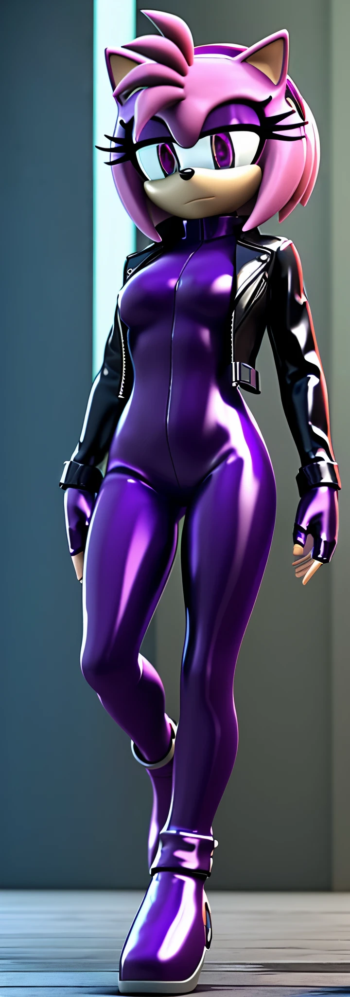 Solo, 1girl, full body image, rendered in SFM, ((sonic oc:1)), from sonic, high detail iconic character, in the new action-movie sonic, ghost in the shell city, official render, 3d render official art, toon shader, ((female)), (((purple hedgehog:1))), ((shiny)) (purple fur:1.0), (((Amy rose style quills))), (((metallic purple eyeliner))) ((deep purple eyes:1.5)), ((calm neutral expression)), ray trace 4 k, ray trace 4k, (((metallic purple latex bodysuit))), (((leather jacket))), ((fingerless gloves:0.9))