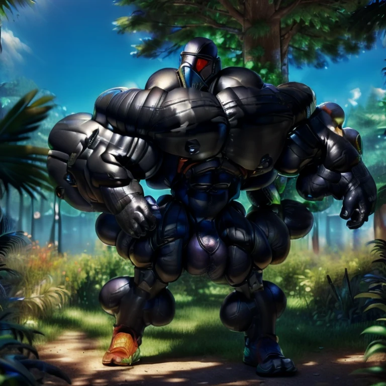 ((Best Quality, 8K, ultra-detailed, Masterpiece: 1.3)), 1boy, full body image, shiny skin, sharp, Perfect Body Beauty, realistic shaded perfect body, muscular male, huge and voluminous shoulders, shapely neck Big Breasts, chiseled abs, huge muscles, bodybuilder body, 300 lbs, (((back))) Broad back, shapely trapezius, toned deltoids, voluminous lats, (closed helmet, plain helmet, helmet with mask, expressionless male mask,:1.1), legs not too far apart, ("bodysuit, big bulge muscles ":1.2), ("leggins, armor":1.1), legs not too far apart, ("glove, armor":1.1 ), ("jet black armor":1.1), (techwear) (dynamic pose:1.1), thigh , battle field , (bulge focus:1.2), 3d, cartoon,  (black color hyper penis, hyper black penis, penis),