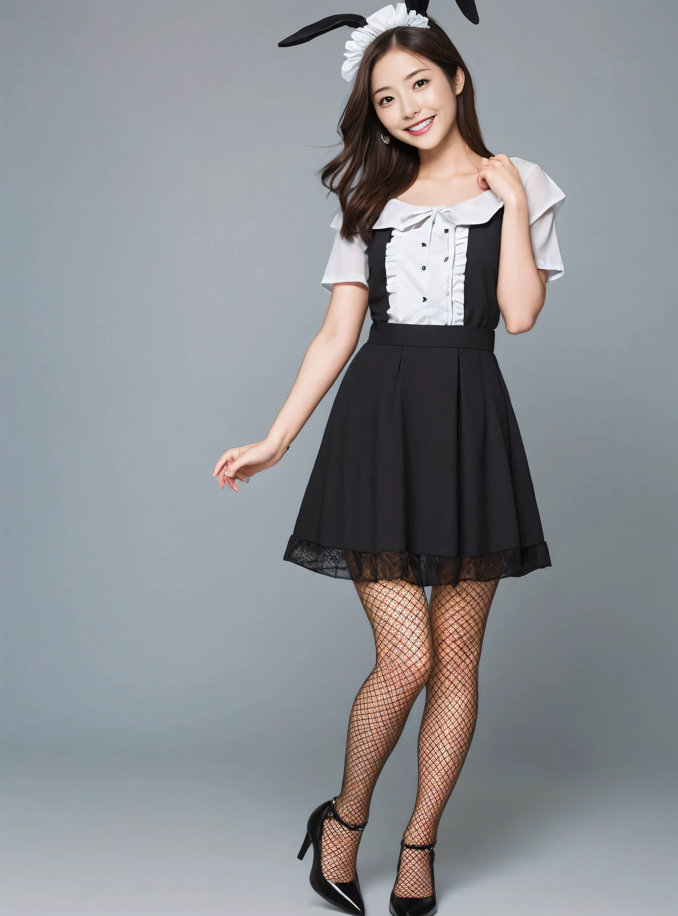 Bunny girl in maid clothes:1.5,Wearing light blue fishnet stockings:1.5,The best smile:1.5,Full Body Shot:1.5,Gray background:1.5,Wearing black high heels:1.5,satomi ishihara