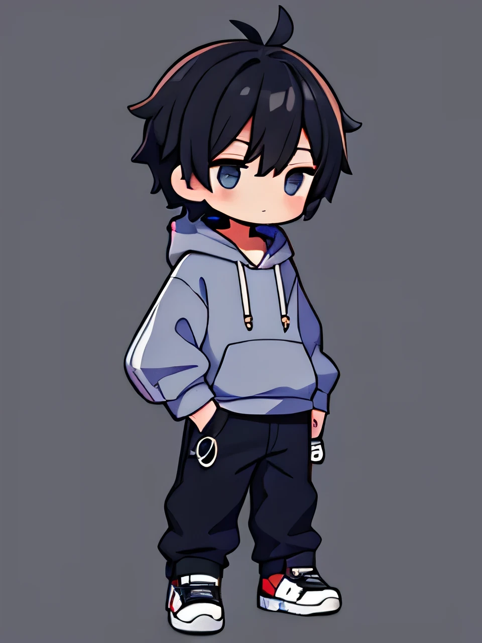 1boy,Black Hair,Earphones hanging from shoulder,Wearing a gray hoodie,chibi