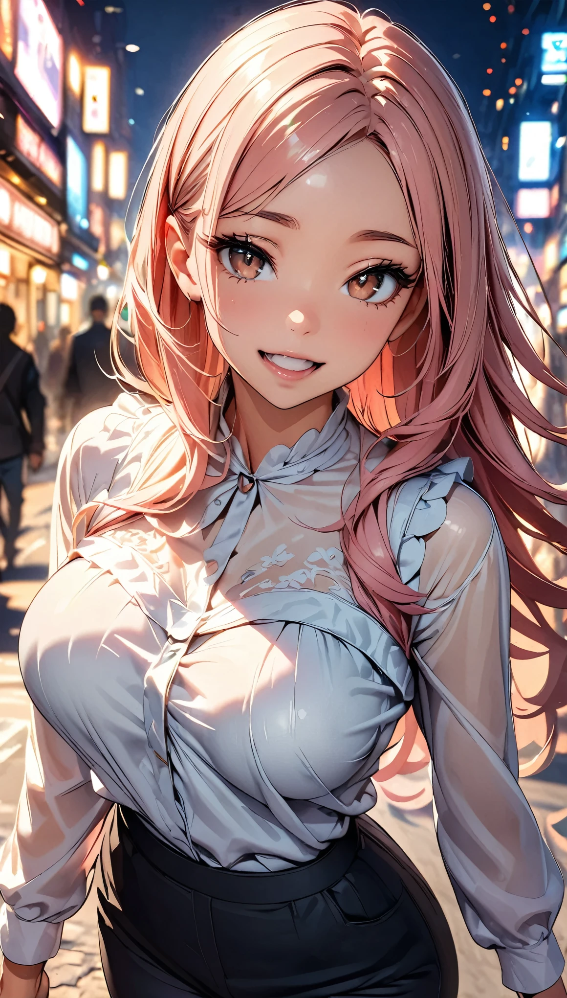 (highest quality, 8k, 4K, High resolution, masterpiece:1.2), Very detailed, Beautiful illustrations, Bright colors, Lens flare, Natural light, one person, woman, Beautiful facial details, Beautiful Eyes, Long eyelashes, Soft lips, (Small face), (Light red hair, Long Hair, Brown eyes), Perfect Face, Shiny skin, (Beautiful breasts), Laughing with your mouth open:1.2, (blouse:1.2, Pants Style), (Gazing at the viewer, Cowboy Shot), bustling street, City lights, Light and shadow with attention to detail, Background blur.