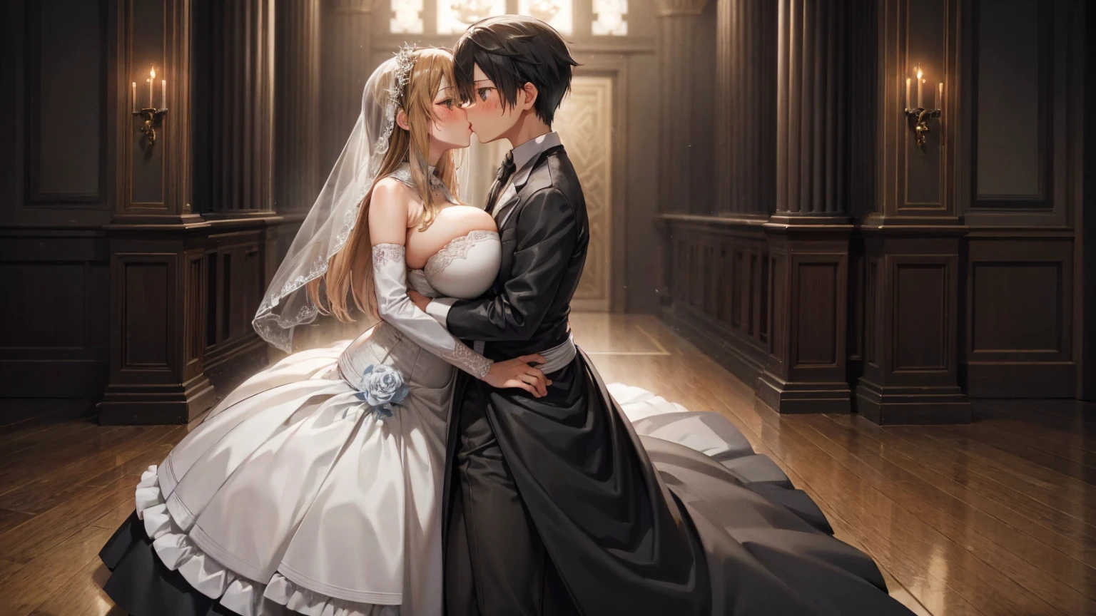 Kirito and Asuna blush black Wedding dress two people standing in the wedding hall kiss each other Super huge big breasts breast enlargement