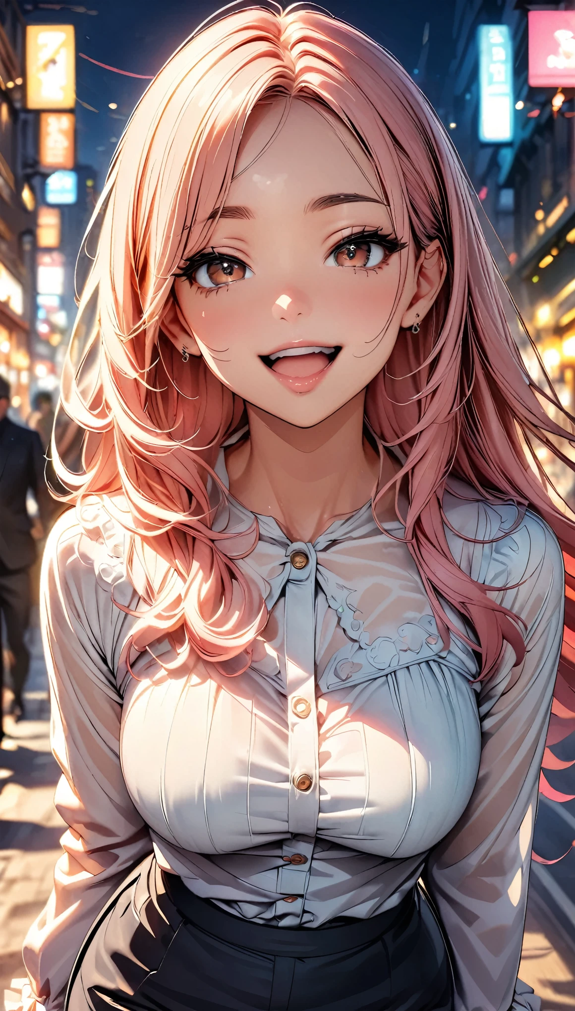 (highest quality, 8k, 4K, High resolution, masterpiece:1.2), Very detailed, Beautiful illustrations, Bright colors, Lens flare, Natural light, one person, woman, Beautiful facial details, Beautiful Eyes, Long eyelashes, Soft lips, (Small face), (Light red hair, Long Hair, Brown eyes), Perfect Face, Shiny skin, (Beautiful breasts), Laughing with your mouth open:1.2, (blouse:1.2, Pants Style), (Gazing at the viewer, Cowboy Shot), bustling street, City lights, Light and shadow with attention to detail, Background blur.