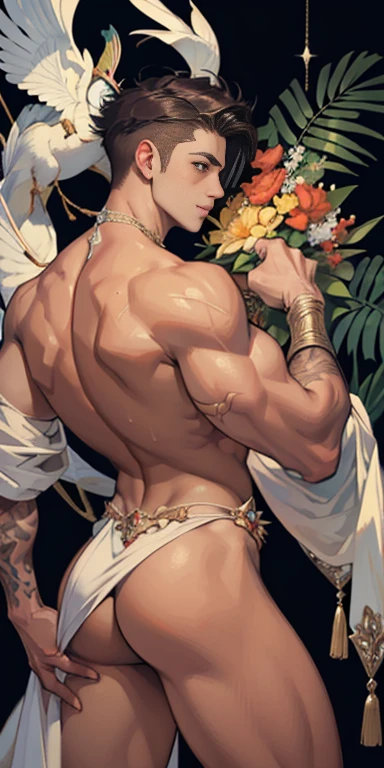 masterpiece, ((masterpiece)), Best quality, complex parts, perfect Whimsical, gentle, a little feminine face, detailed face, Highly detailed and fine figurine, ultra-realistic, detailed body, detailed pectoral muscles, ((Boy's focus)), detailed muscles, convex,  (((A handsome boy, ))), athletic build, ((ideal body)), aesthetically beautiful, erotically tempting, seducing, offering himself With a beautiful sexy tango panti With round perfect buttocks, Rear view from bottom to top muscular, sweaty after a workout, In a Venetian mask with peacock and bird of paradise feathers, In White, red and gold colors, diamond chips all over the body , rear view from bottom to top, Watercolor, in the style of Caravaggio 