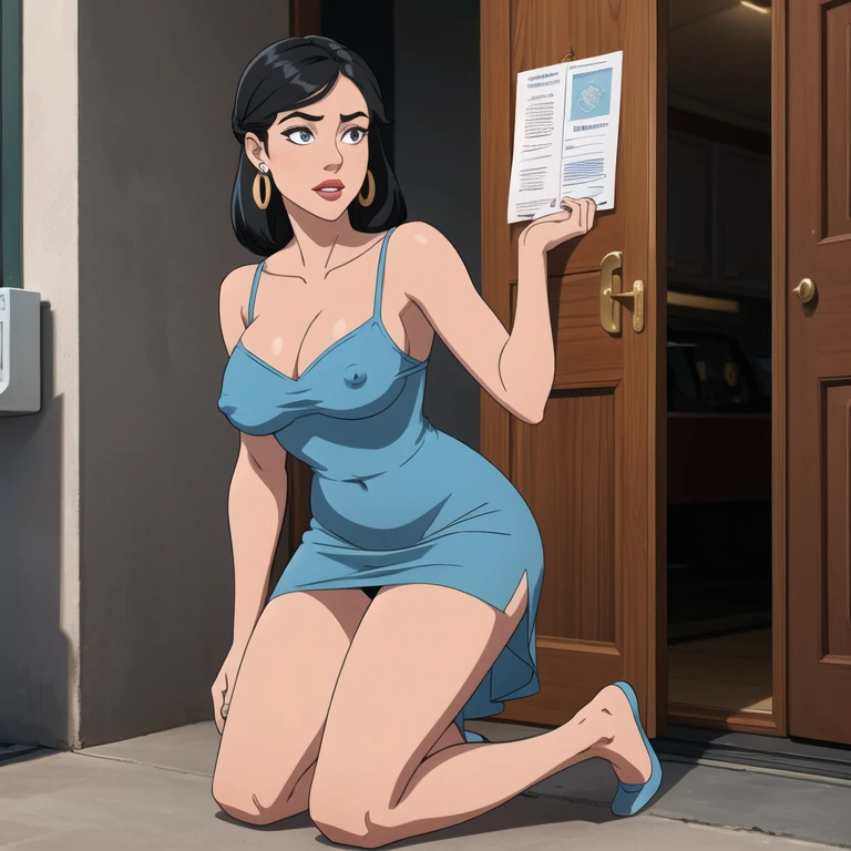 1 woman in a kneeling pose, visible nipples, black hair, blue pupils, delicate face, cute, love earrings, absolute sheer sundress, standing at the door of the police station, playful, ultra hd, masterpiece, best quality, super detail, accurate