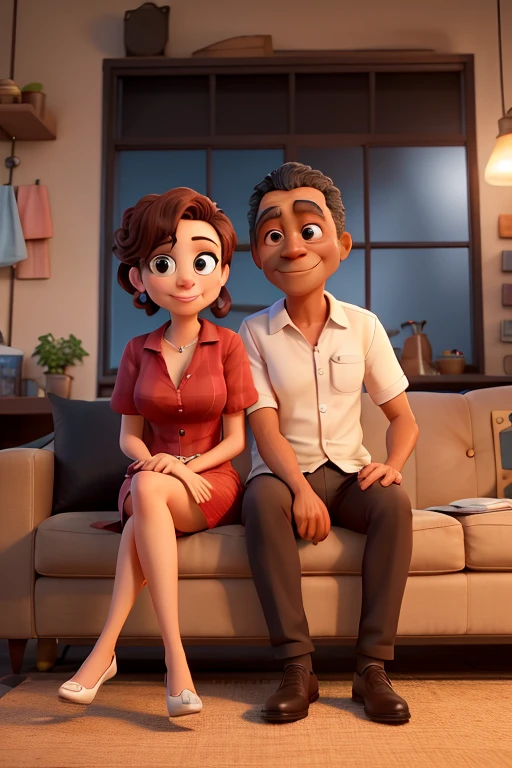 um casal apenas o homem e a mulher (idade trinta e oito)de chefe de cozinha ,sitting on the sofa in a romantic pose, o homem de pele morena e a mulher de pele branca ,ambos de olhos castanhos ,assistindo TV juntos