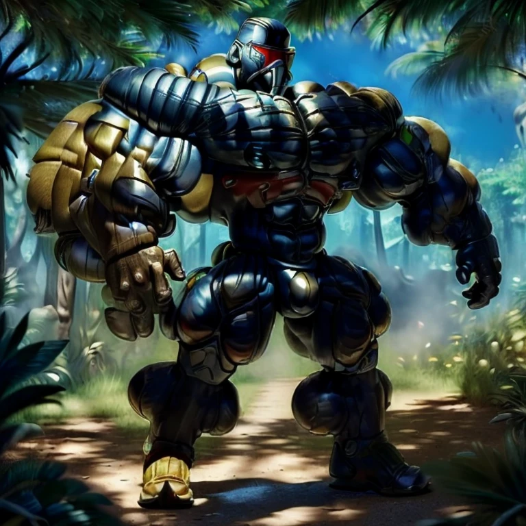 ((Best Quality, 8K, ultra-detailed, Masterpiece: 1.3)), 1boy, full body image, shiny skin, sharp, Perfect Body Beauty, realistic shaded perfect body, muscular male, huge and voluminous shoulders, shapely neck Big Breasts, chiseled abs, huge muscles, bodybuilder body, 300 lbs, (((back))) Broad back, shapely trapezius, toned deltoids, voluminous lats, (closed helmet, plain helmet, helmet with mask, expressionless male mask,:1.1), legs not too far apart, ("bodysuit, big bulge muscles ":1.2), ("leggins, armor":1.1), legs not too far apart, ("glove, armor":1.1 ), ("jet black armor":1.1), (techwear) (dynamic pose:1.1), thigh , battle field , (bulge focus:1.2), 3d, cartoon