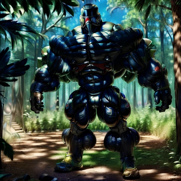 ((Best Quality, 8K, ultra-detailed, Masterpiece: 1.3)), 1boy, full body image, shiny skin, sharp, Perfect Body Beauty, realistic shaded perfect body, muscular male, huge and voluminous shoulders, shapely neck Big Breasts, chiseled abs, huge muscles, bodybuilder body, 300 lbs, (((back))) Broad back, shapely trapezius, toned deltoids, voluminous lats, (closed helmet, plain helmet, helmet with mask, expressionless male mask,:1.1), legs not too far apart, ("bodysuit, big bulge muscles ":1.2), ("leggins, armor":1.1), legs not too far apart, ("glove, armor":1.1 ), ("jet black armor":1.1), (techwear) (dynamic pose:1.1), thigh , battle field , (bulge focus:1.2), 3d, cartoon