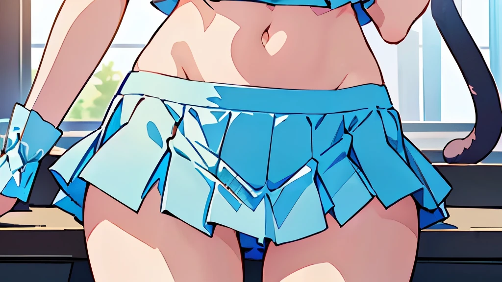 (masterpiece, best quality), best quality, (very detailed), (Cat Girl:1.5), 1 woman, (kogasa tatara:1.3), masterpiece, best quality, 초high quality, ultra high resolution, ultra detail, turquoise top, crop top, ((stomach)), diaphragm, ((groin)), light blue skirt, normal ear, shackles, gray hair, very long hair, wavy hair, side lock, One cyan eye and one red eye, heterochromia, very detailed eyes, chapped lips, sweat, cute, a strong stomach, Put your hand on your chest, Eyelashes, (24-year-old female:1.3), (masterpiece:1.5), (best quality:1.5), (beautiful detailed), very detailed CG, very delicate and beautiful, depth of field, (A face depicted in detail), (perfect details:1.3), (mature woman:1.3), wide pelvis, slim, Big, veiny breasts., 16K resolution, mackerel, high quality, high quality, very detailed, masterpiece, gray hair, long hair, an alluring presence, give, short skirt, enlargement, big , young,