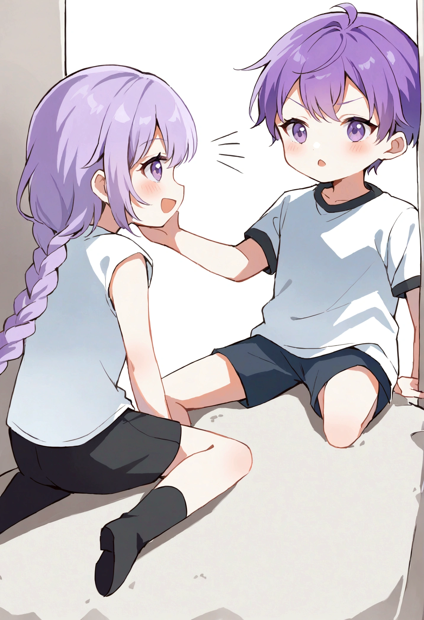 Two people, A boy and a girl, Two children shouting at each other, ???, yinji, one girl has double Fried Dough Twists braids, (((white to purple hair))), (((sitting on a turtle in the basement))), the other girl has short hair, On the opposite side, kaeruyama yoshitaka