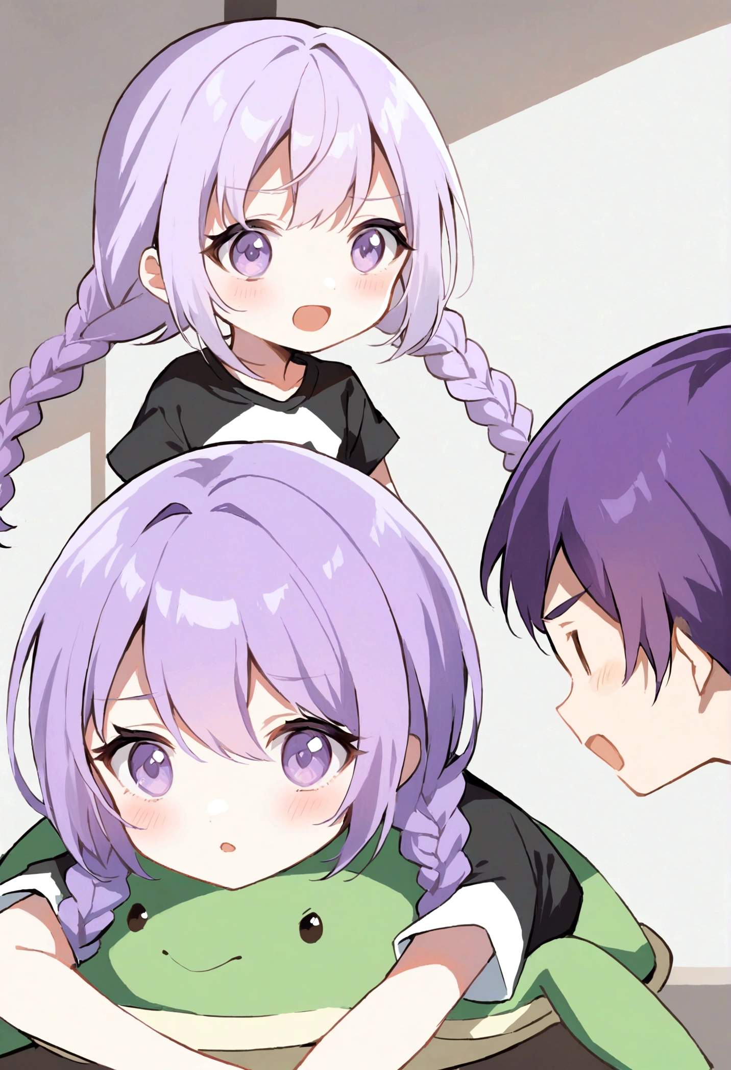 Two people, A boy and a girl, Two children shouting at each other, kid, yinji, one girl has double Fried Dough Twists braids, (((white to purple hair))), (((sitting on a turtle in the basement))), the other girl has short hair, On the opposite side, kaeruyama yoshitaka