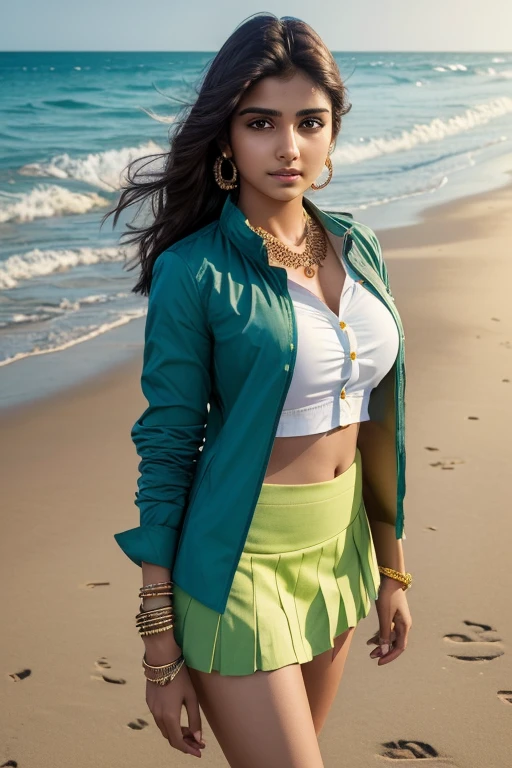 (best quality)), ((masterpiece)), ((wear fully covered shirt)), ((standing near beach)), ((Highlighting her jewellery)), (detailed),"Generate an ultra-realistic, high-resolution headshot of a 21-year-old indian girl with a green skirt that accentuates her curves, Standing with hand on jacket, ((face closup shot))