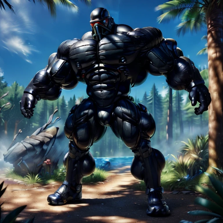 ((Best Quality, 8K, ultra-detailed, Masterpiece: 1.3)), 1boy, full body image, shiny skin, sharp, Perfect Body Beauty, realistic shaded perfect body, muscular male, huge and voluminous shoulders, shapely neck Big Breasts, chiseled abs, huge muscles, bodybuilder body, 300 lbs, (((back))) Broad back, shapely trapezius, toned deltoids, voluminous lats, (closed helmet, plain helmet, helmet with mask, expressionless male mask,:1.1), legs not too far apart, ("bodysuit, big bulge muscles ":1.2), ("leggins, armor":1.1), legs not too far apart, ("glove, armor":1.1 ), ("jet black armor":1.1), (techwear) (dynamic pose:1.1), thigh , battle field , (bulge focus:1.2), 3d, cartoon