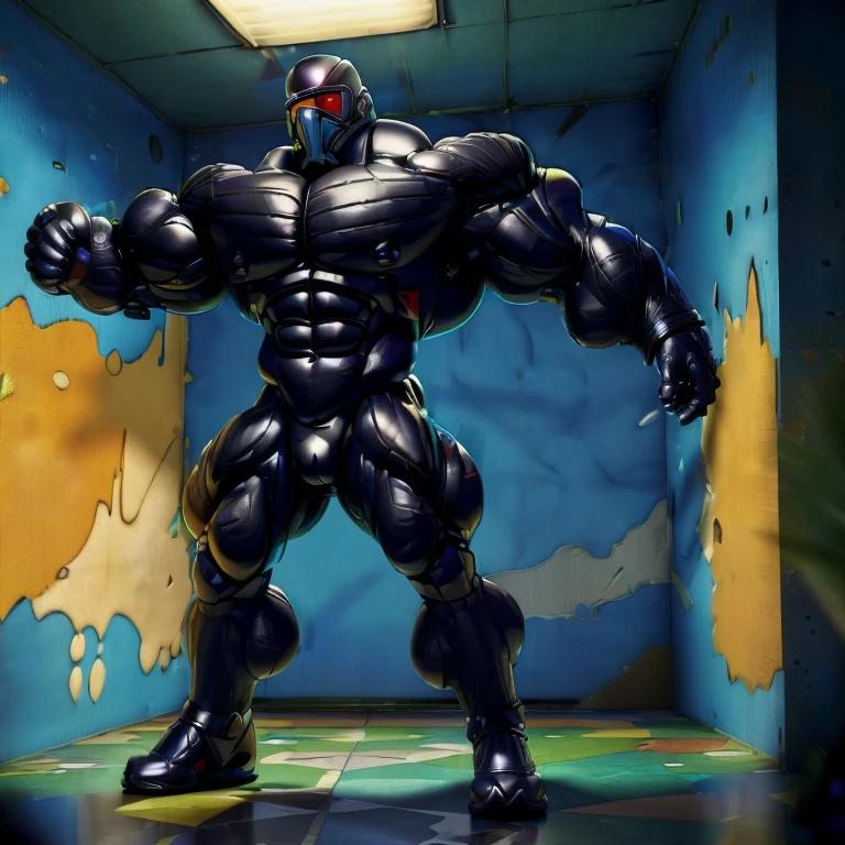 ((Best Quality, 8K, ultra-detailed, Masterpiece: 1.3)), 1boy, full body image, shiny skin, sharp, Perfect Body Beauty, realistic shaded perfect body, muscular male, huge and voluminous shoulders, shapely neck Big Breasts, chiseled abs, huge muscles, bodybuilder body, 300 lbs, (((back))) Broad back, shapely trapezius, toned deltoids, voluminous lats, (closed helmet, plain helmet, helmet with mask, expressionless male mask,:1.1), legs not too far apart, ("bodysuit, big bulge muscles ":1.2), ("leggins, armor":1.1), legs not too far apart, ("glove, armor":1.1 ), ("jet black armor":1.1), (techwear) (dynamic pose:1.1), thigh , battle field , (bulge focus:1.2), 3d, cartoon