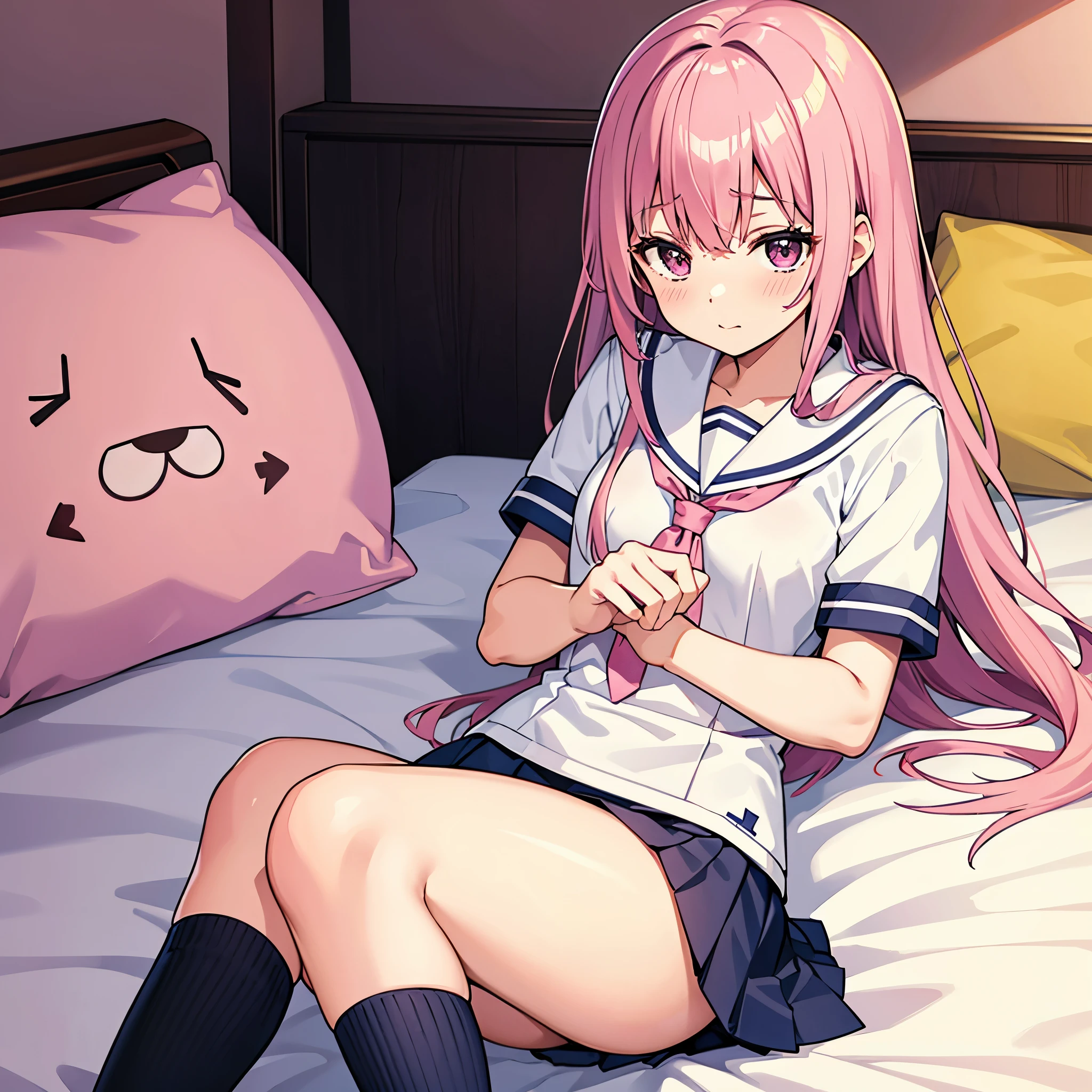 A pink-haired high school girl in a sailor uniform who is feeling unwell is lying alone on a bed in the nurse's office.