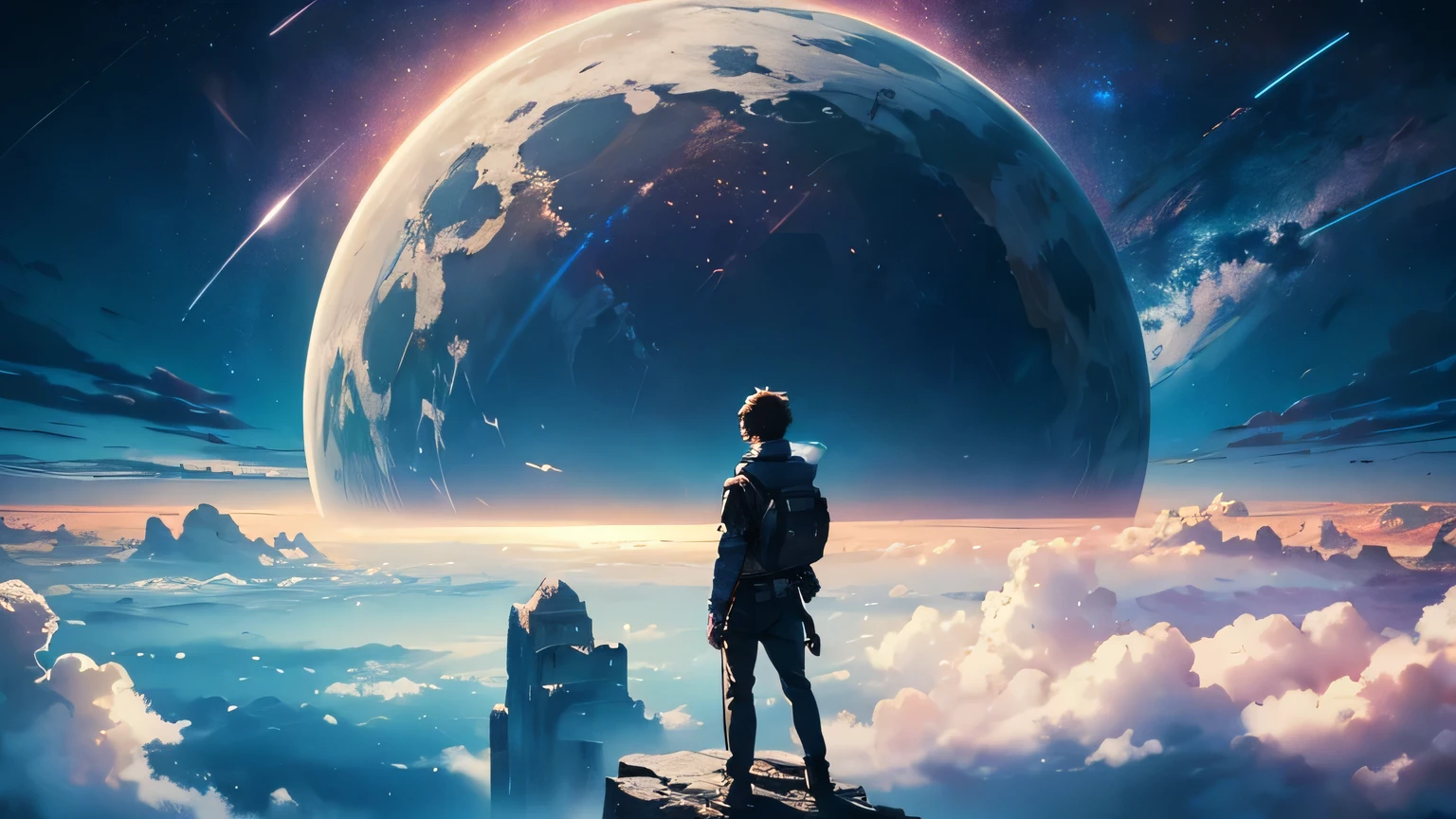 Ridiculous resolution, A high resolution, (Masterpiece:1.4), ultra - detailed, 1boy, looking from above, the space, huge portal,depth of fieldaximum definition and sharpness,perfectly proportions,Fluttering clouds,Wallpapers,8K,dream magical, , dusk --v 6, scenery focus