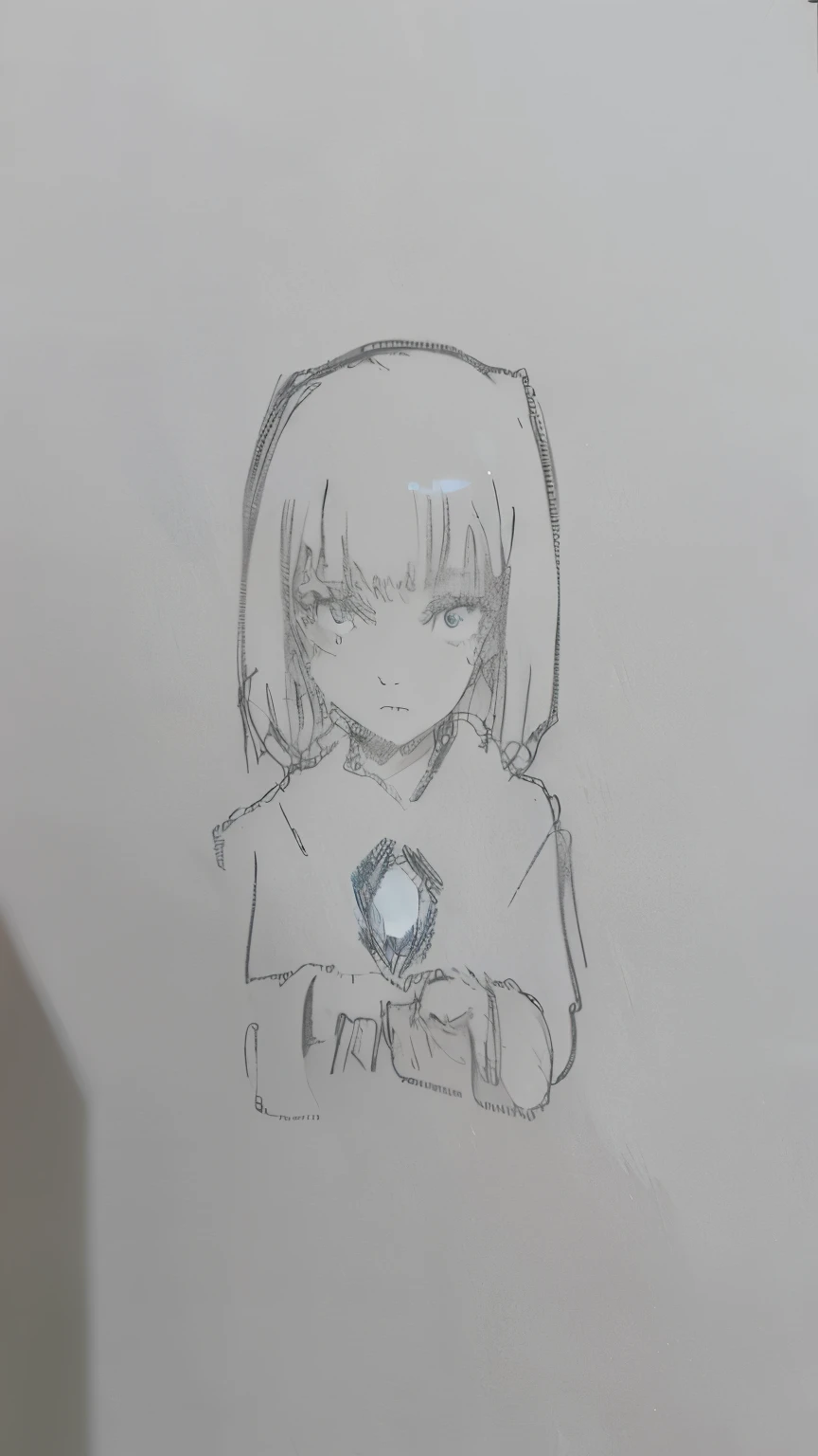 The with short black hair, looking at the light in her hands with her shining blue eyes, was wearing an oversized white t-shirt. Detailed face drawing, anime, neon green background.