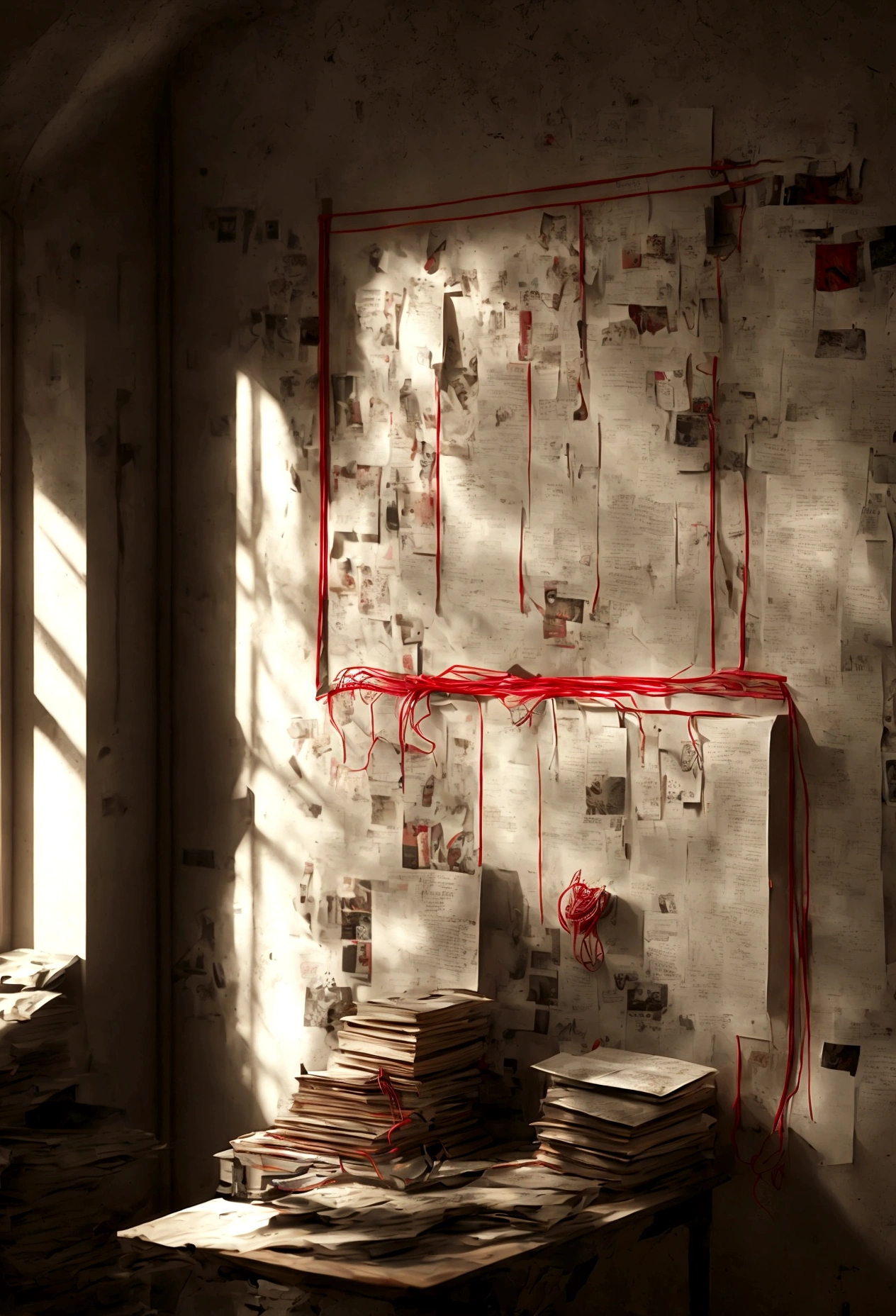 Basement light, close to a large wall. There are many scrap posters and wanted lists hanging on the wall. Red threads are used to connect the papers on the wall. Front view close to the wall. There are many files and books scattered around, and a large wooden table against the wall.