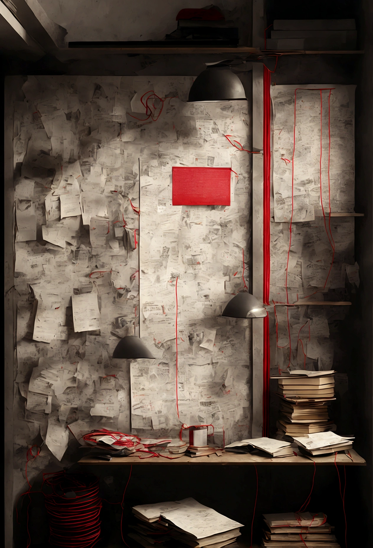 Basement light, close to a large wall. There are many scrap posters and wanted lists hanging on the wall. Red threads are used to connect the papers on the wall. Front view close to the wall. There are many files and books scattered around, and a large wooden table against the wall.