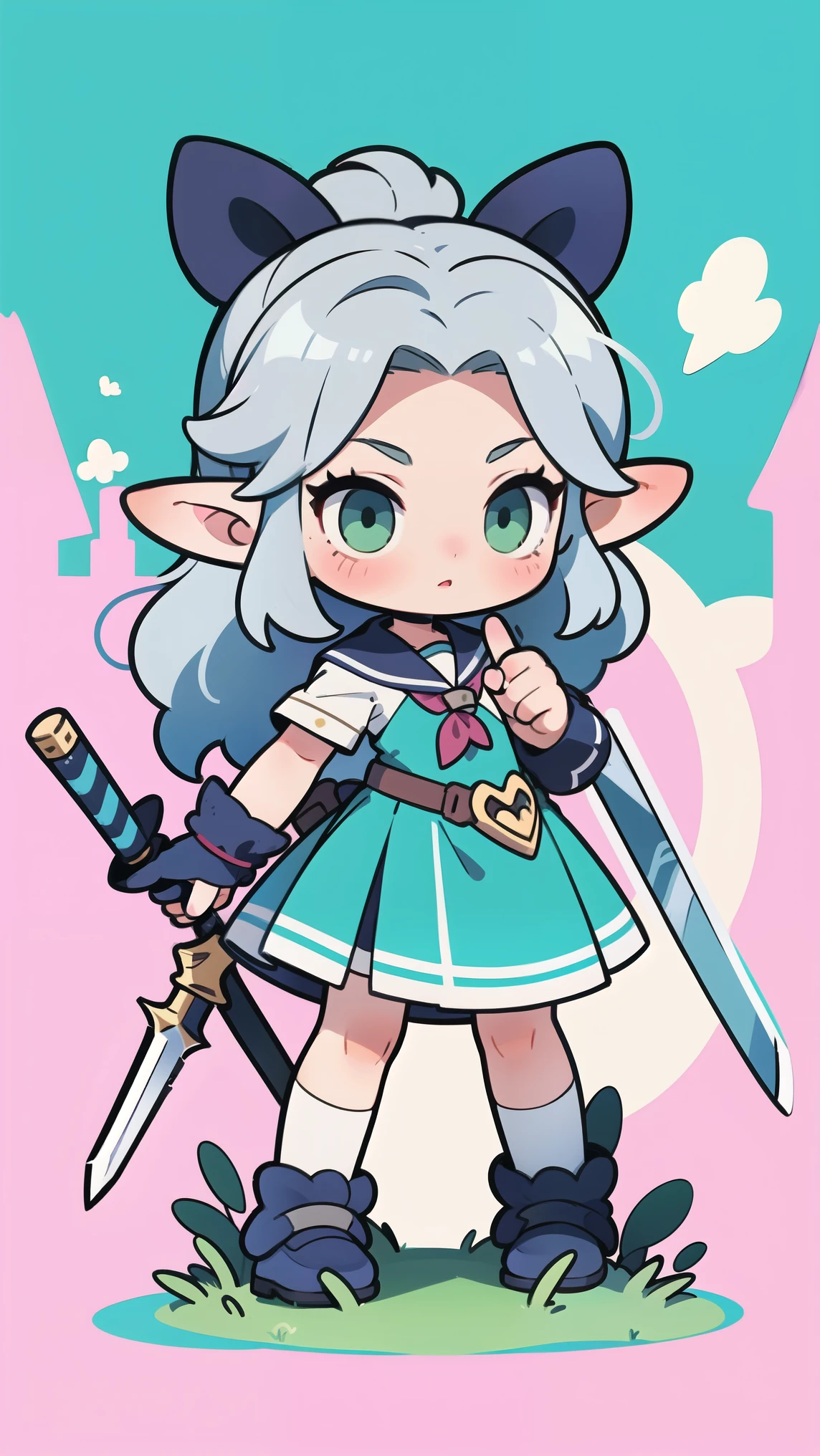 ghibly studios style, dreamy colour palette, A mage elf with long thick grey hair and green eyes, flying above an forest elf cty and a huge magical enchanted mithril sword in her hand ready to fight. ultra high definition, 16:09 ratio, ready to be animated, pretty eyes, Blush, pastel color, Retro anime, 1990s anime, masterpiece, Best quality, anime school girl style