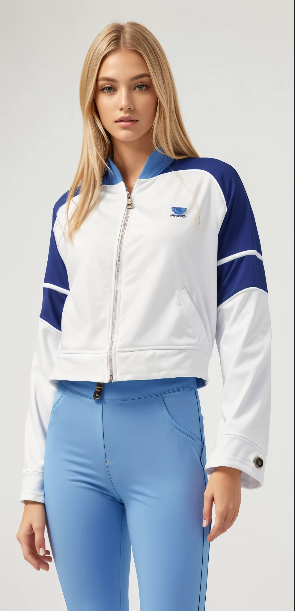 a woman de cabelo liso é claro in a white and blue jaqueta and blue legging pants, sports roupas, sport roupas, f / 2 0, fan favorite, suorer, item, manga larga cropped, Vivid details, suor, casual roupas, roupas esportivas fofas, jia, roupas, detailed roupas, julia sarda, Imagem detalhada, colorido, Marinha, completo - cor, bege, jaqueta