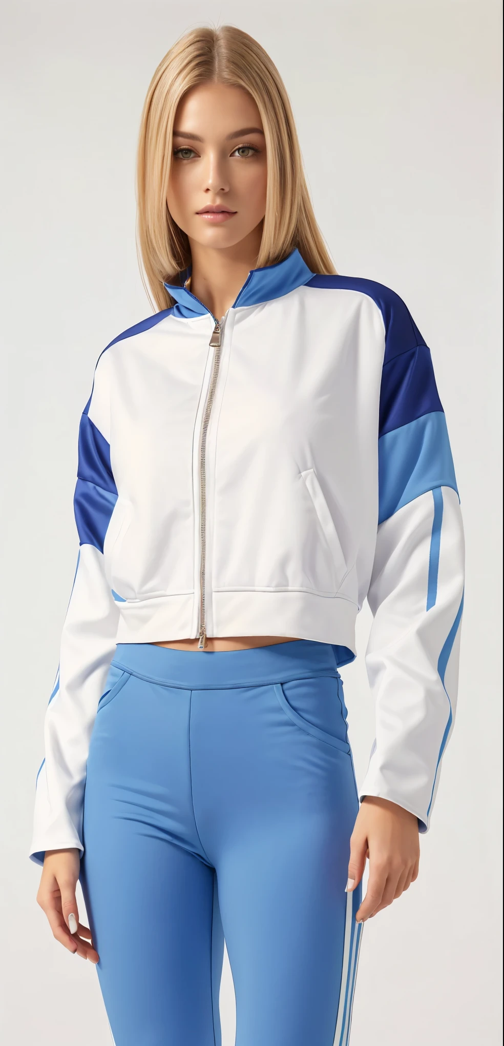 a woman de cabelo liso é claro in a white and blue jaqueta and blue legging pants, sports roupas, sport roupas, f / 2 0, fan favorite, suorer, item, manga larga cropped, Vivid details, suor, casual roupas, roupas esportivas fofas, jia, roupas, detailed roupas, julia sarda, Imagem detalhada, colorido, Marinha, completo - cor, bege, jaqueta