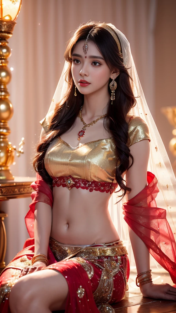4K, UHD, masterpeice, 1 girl, good face, detailed eyes, detailed lips, very long hair, straight hair, very long hair, beautiful hair, hair ornaments, hairband, gradient hair, (sky red lehenga)), ((bridal lehenga)), ((decorated blouse)), sardine, ((ornament lehenga)), ((red lace)), ((gold bracelet with diamond ), ((pendant)), Pearl and god, ornaments, necklace, earring, high lighting, ((bare stomach)), ((in the wedding stage))red color, depth of field, ray tracing, ultra realistic detailed, sitting,