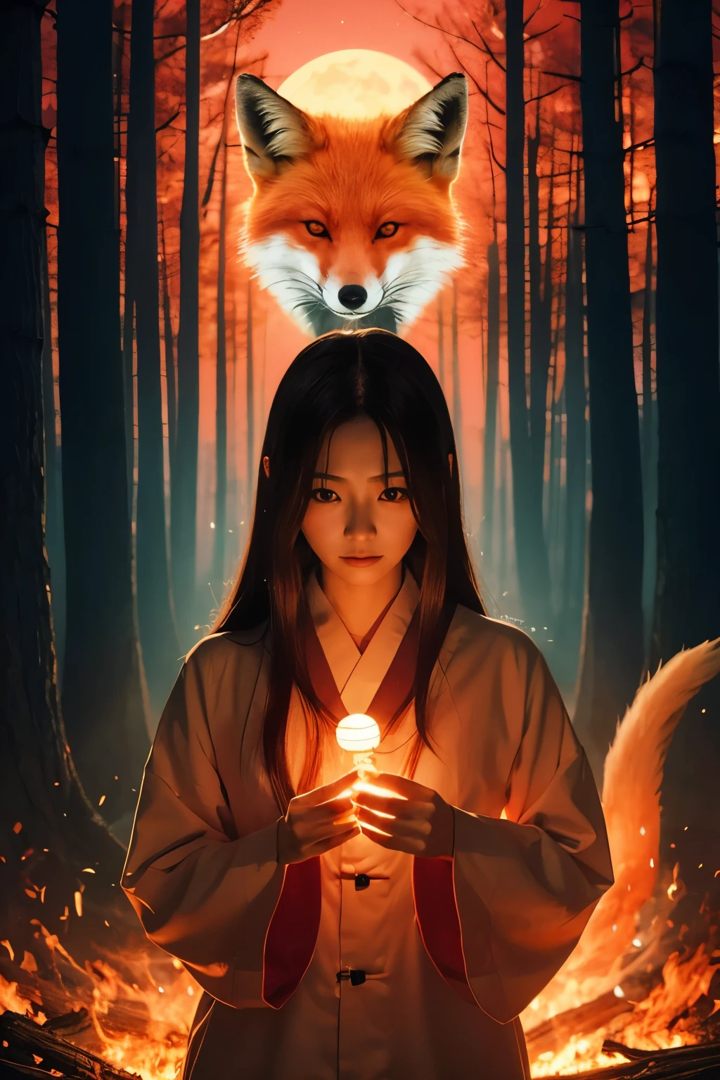 Japanese Yokai/fox火/Real/Horror/fox/inflammation/woman/Long Hair/