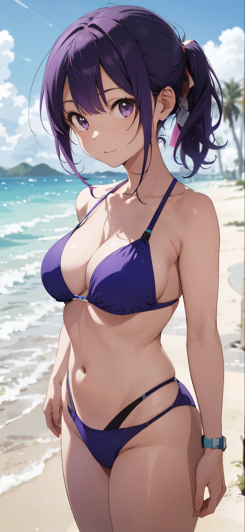 Purple haired girl drawn in high resolution Japanese anime style、whole body、Women in blue bikinis taking photos on a deserted beach, Bikini Model, , A young and cute gravure idol, Posing together in a bra, Russian and Japanese mix, sakimichan, Asian woman, Wear a swimsuit, that'that'that'that'that'that'that'that'that'that'that'that'It's hot with the shining sun, Japanese Model, Cute Core, sakimichan hdri, Young Gravure Idol, Chubby