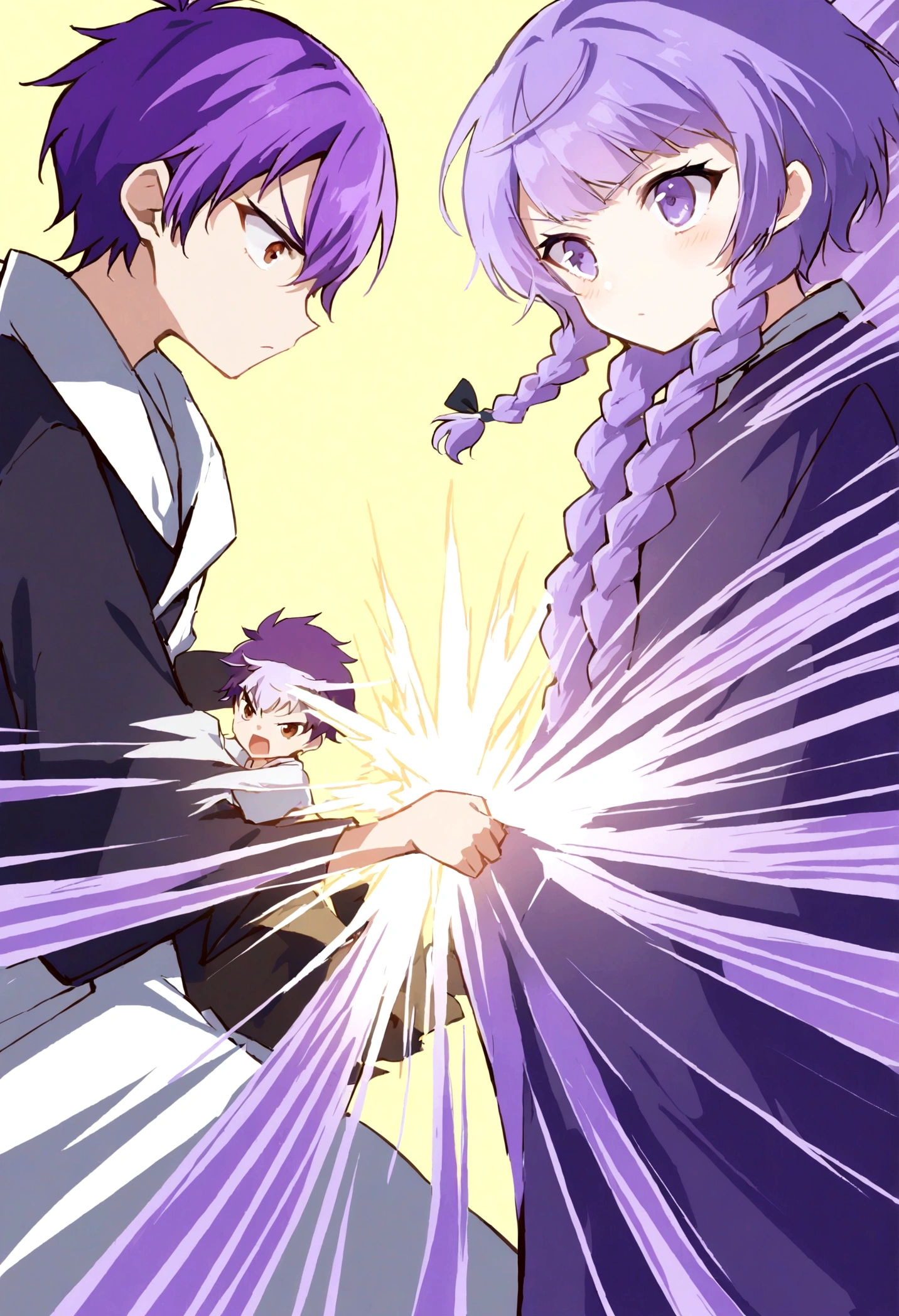 Two people, A boy and a girl, Two children are fighting monsters, one girl has double Fried Dough Twists braids, (((white to purple hair))), the other girl has short hair, On the opposite side, kaeruyama yoshitaka