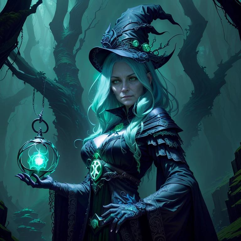 A witch in the forest with an very ugly old witch behind her, wearing glowing green lanterns, dark fantasy style art, dark fantasy art work, 2.5D CGI anime fantasy art works, dark fantasy illustrations, dark fantasy art, detailed digital 2D fantasy art, in style of dark fantasy art, digital 2D fantasy art, Jeff Easley and Ross Tran, fantasy style art, Gothic fantasy art