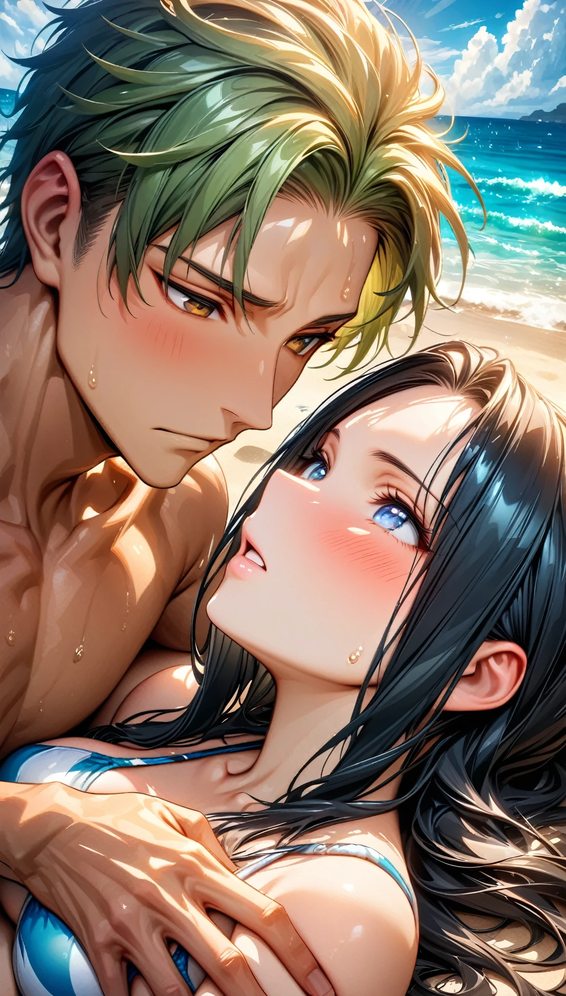 absurd, High resolution, Super detailed, HDR, masterpiece, best quality, Roronoa Solon, Green Hair, expressive brown eyes, piece, Nico Robin, Black Hair, Expressive blue eyes, Men and women together, couple, swimsuit