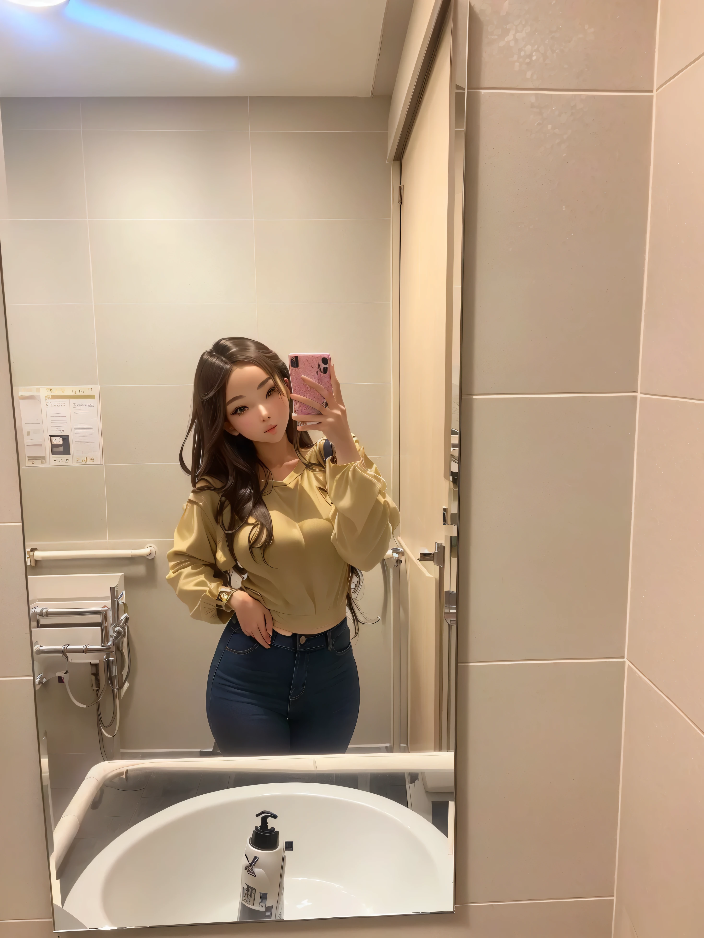 Beauty girl anime, there is a woman taking a selfie in a bathroom mirror, in bathroom, in a bathroom, picture, outfit photo, mirror selfie, standing in front of a mirror, asual pose, full body picture, in a mall, at a mall, wearing a cute top, wearing a fisher