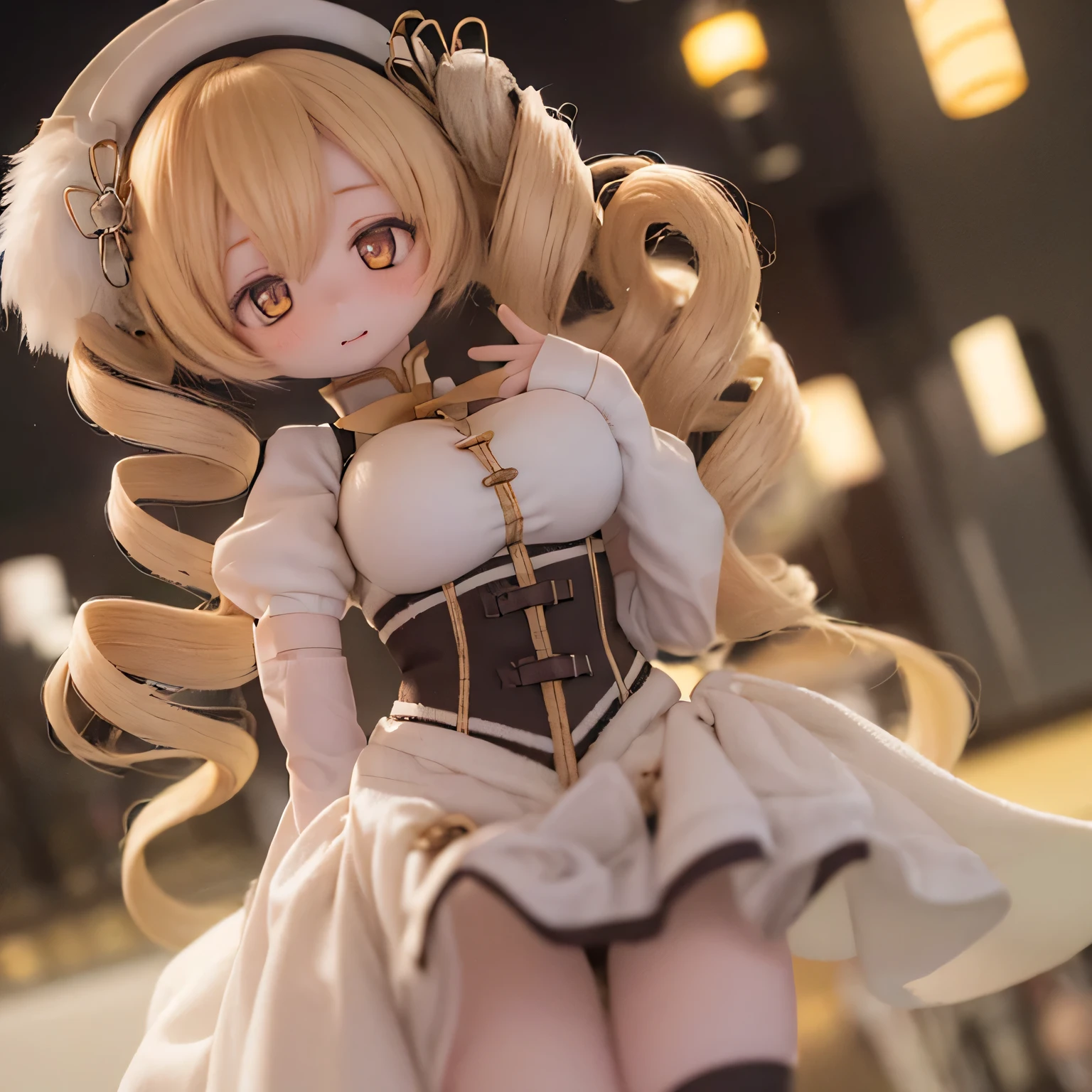 (highest quality,ultra-detailed,masterpiece:1.2),Expressive eyes,Perfect Face,Beautiful Madoka Kaname,Pink Long Hair,Golden Eyes,Pink Lips,detailed,Anime Style,Vibrant colors,cute,Curvaceous and full,Blushing, Blonde with huge breasts cute pose