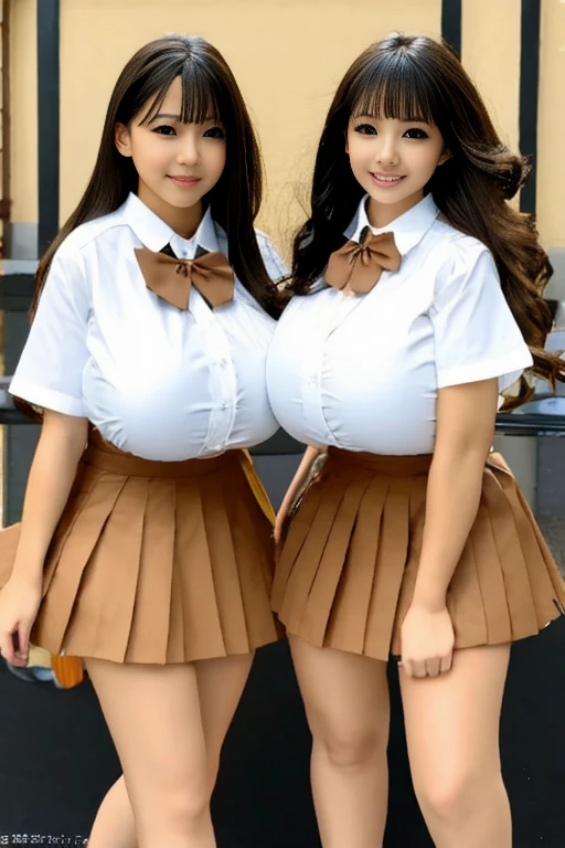 Super huge breasts, Gyaru, ditail lips, pink lips, long hair, cleavage of breasts, smile, beautiful asian girl, short skirt, gal, shining skin, brown hair, dark skin, tanned skin, brown skin, gigantic breasts, JK , hi-school girl, school student uniform, muscular, muscular legs, long legs, shining legs, chest bulge, 1 girl