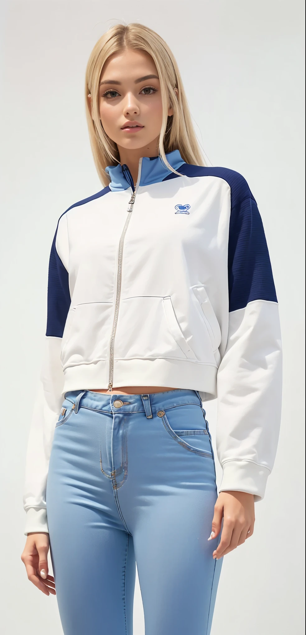 a woman de cabelo liso é claro in a white and blue jaqueta and blue legging pants, sports roupas, sport roupas, f / 2 0, fan favorite, suorer, item, manga larga cropped, Vivid details, suor, casual roupas, roupas esportivas fofas, jia, roupas, detailed roupas, julia sarda, Imagem detalhada, colorido, Marinha, completo - cor, bege, jaqueta